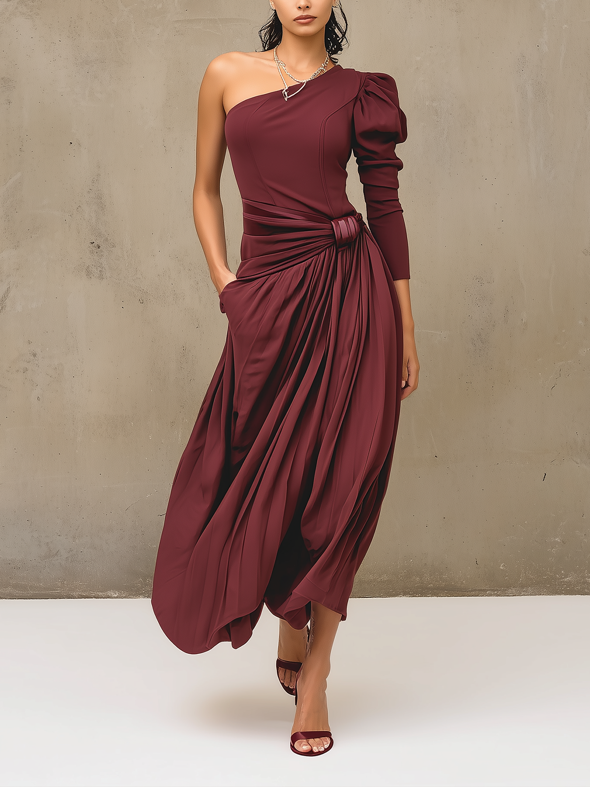 Red Draped One-Shoulder Puff Sleeve Maxi Dress