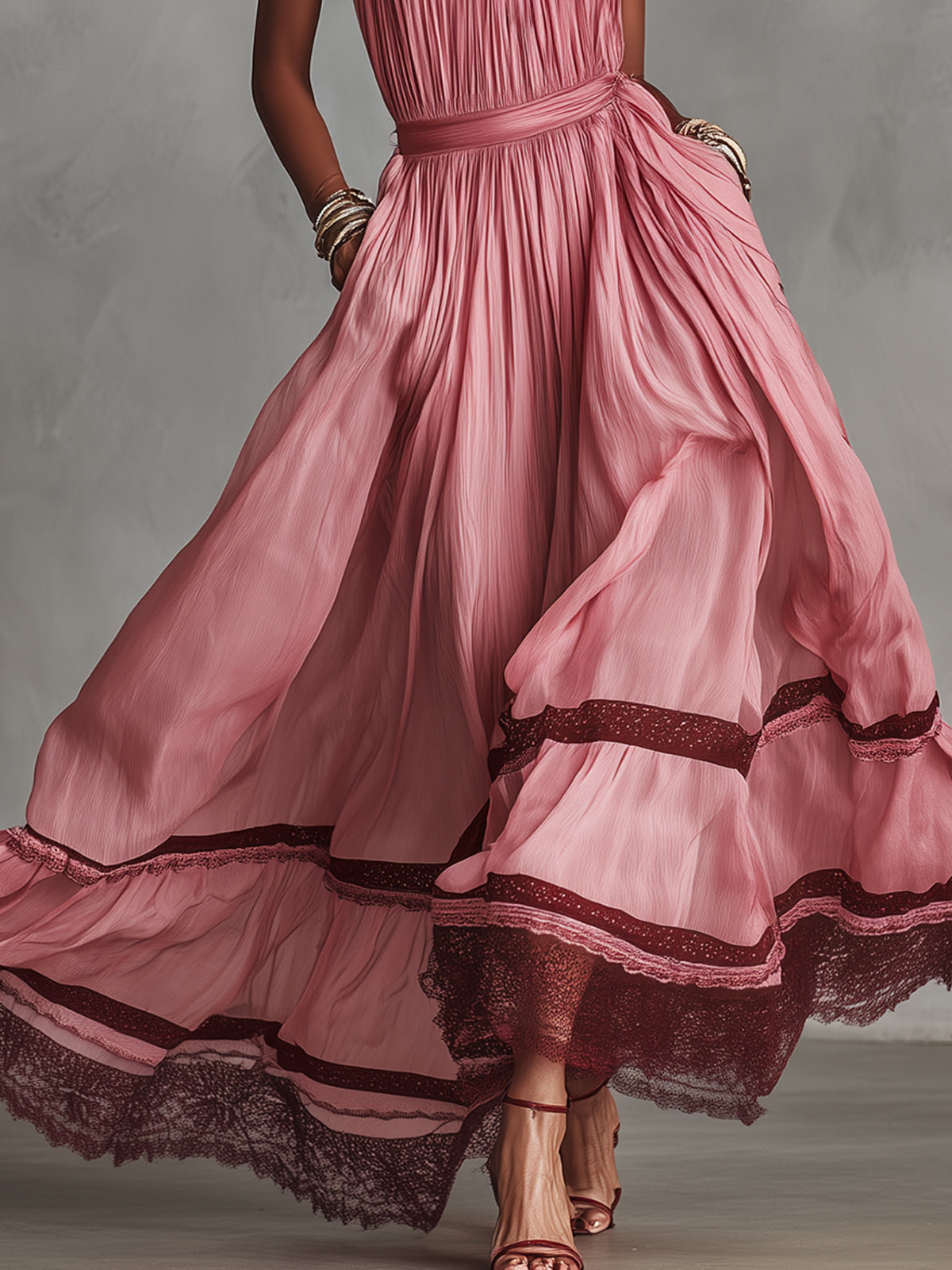 Pink Pleated Halter Neck Lace Trim Maxi Dress