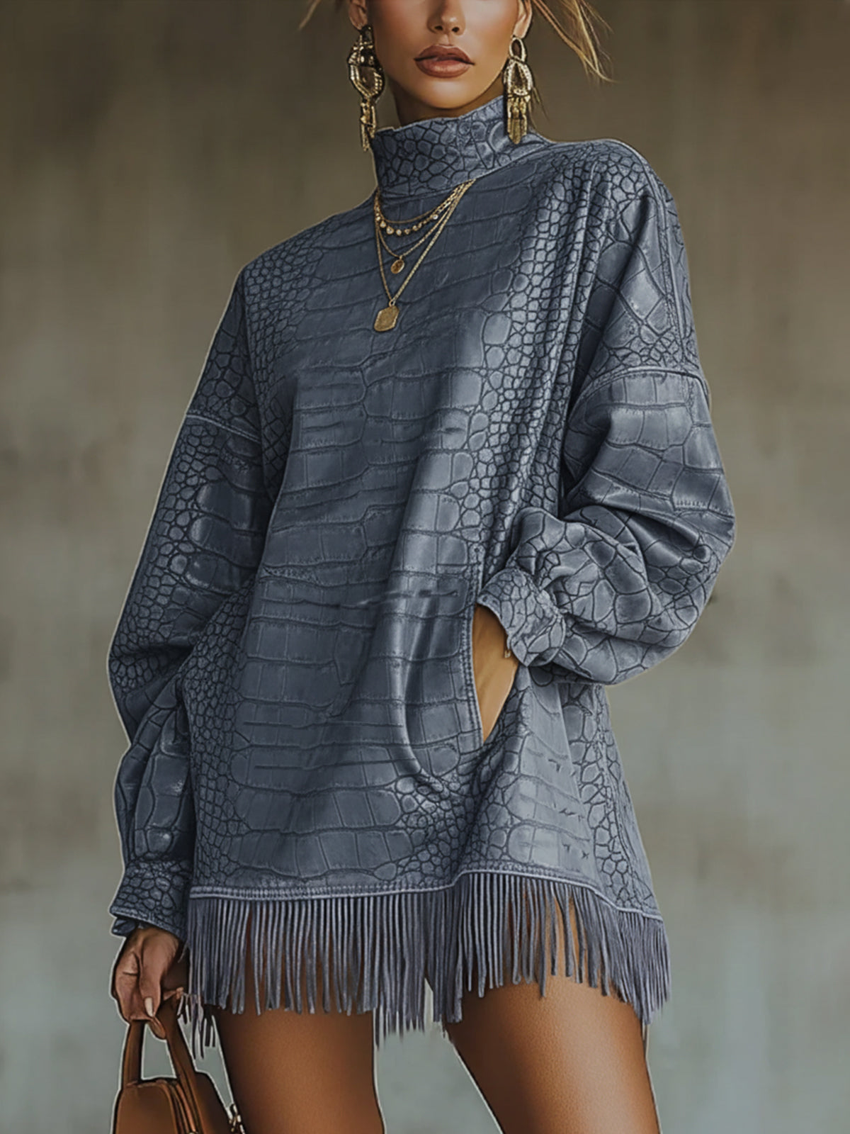 Blue Faux Crocodile-Textured Fringed High Collar Mini Dress
