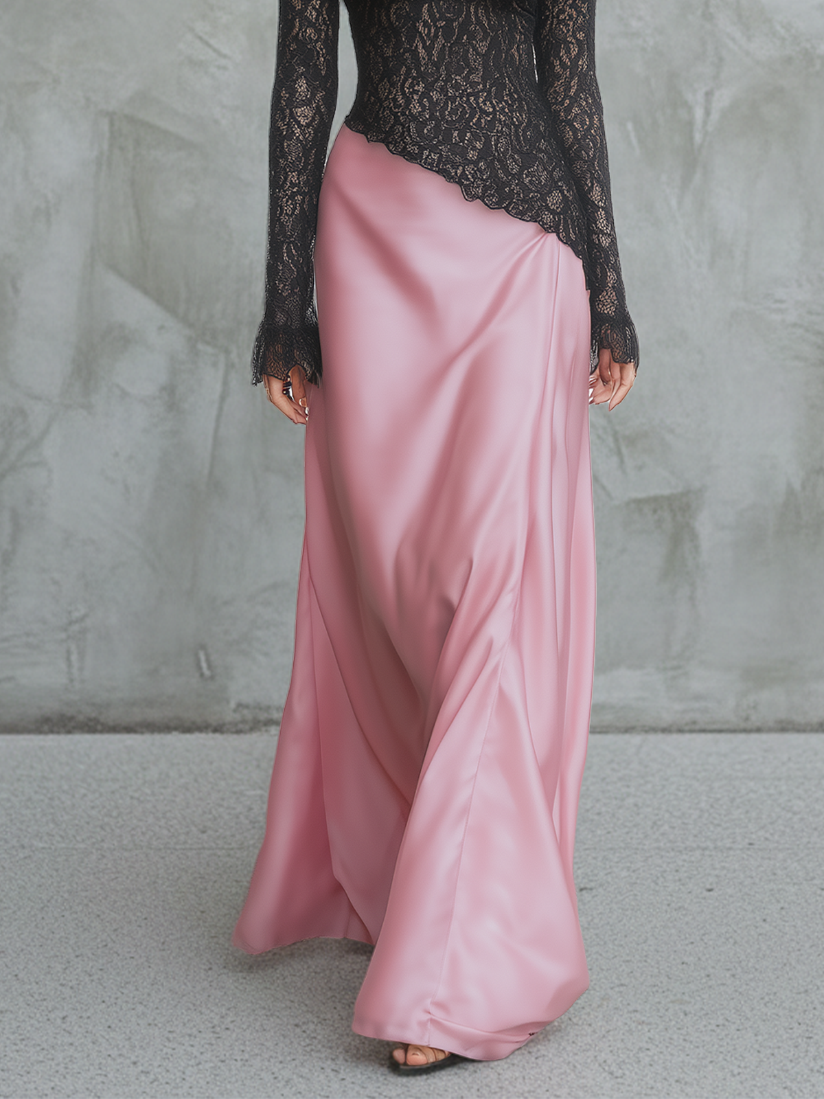 Black Lace Off-Shoulder Satin Contrast Evening Gown