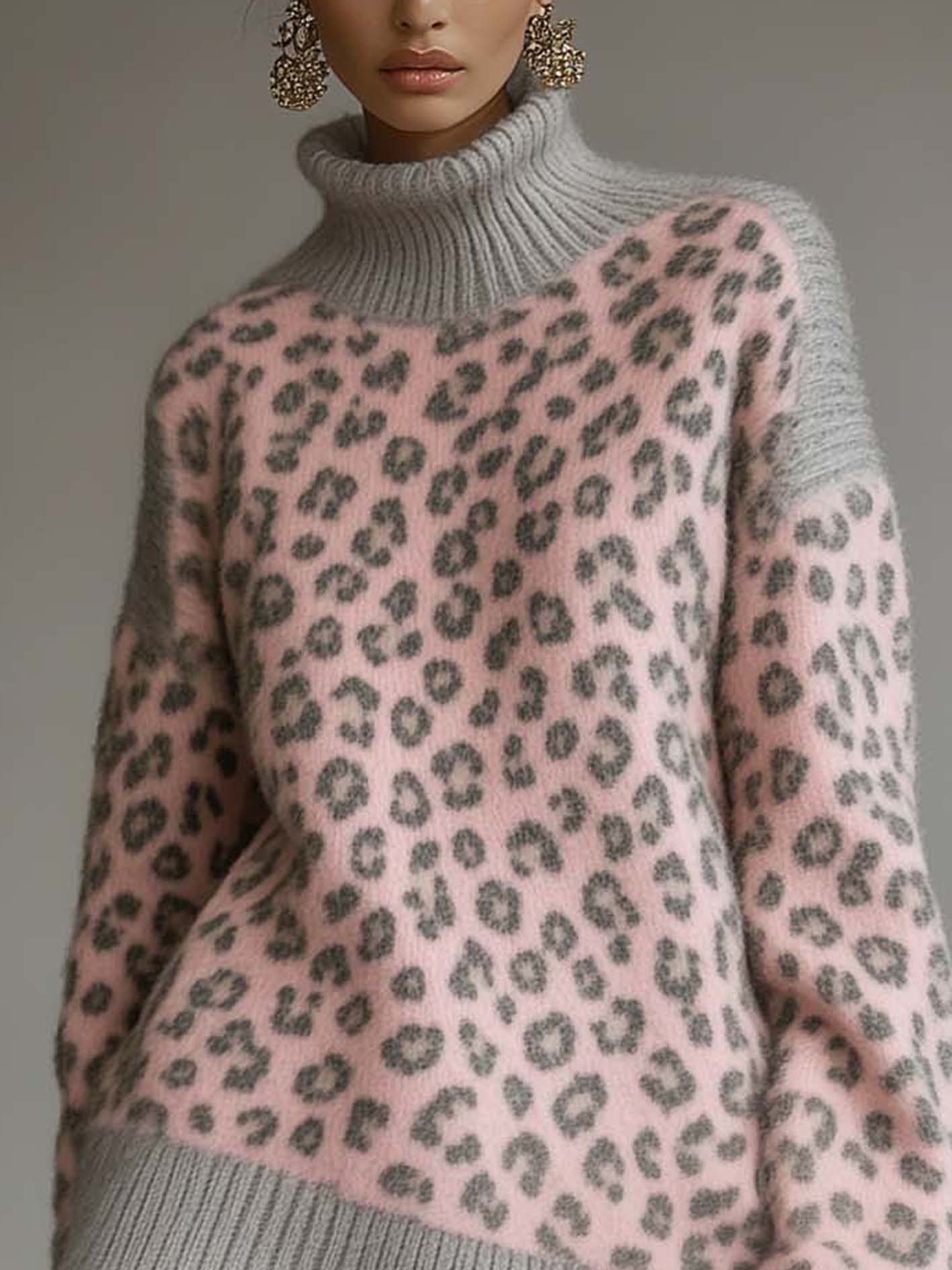 Pink Knitted Mini Dress With Gray Leopard Print And Leopard Print At The Bottom