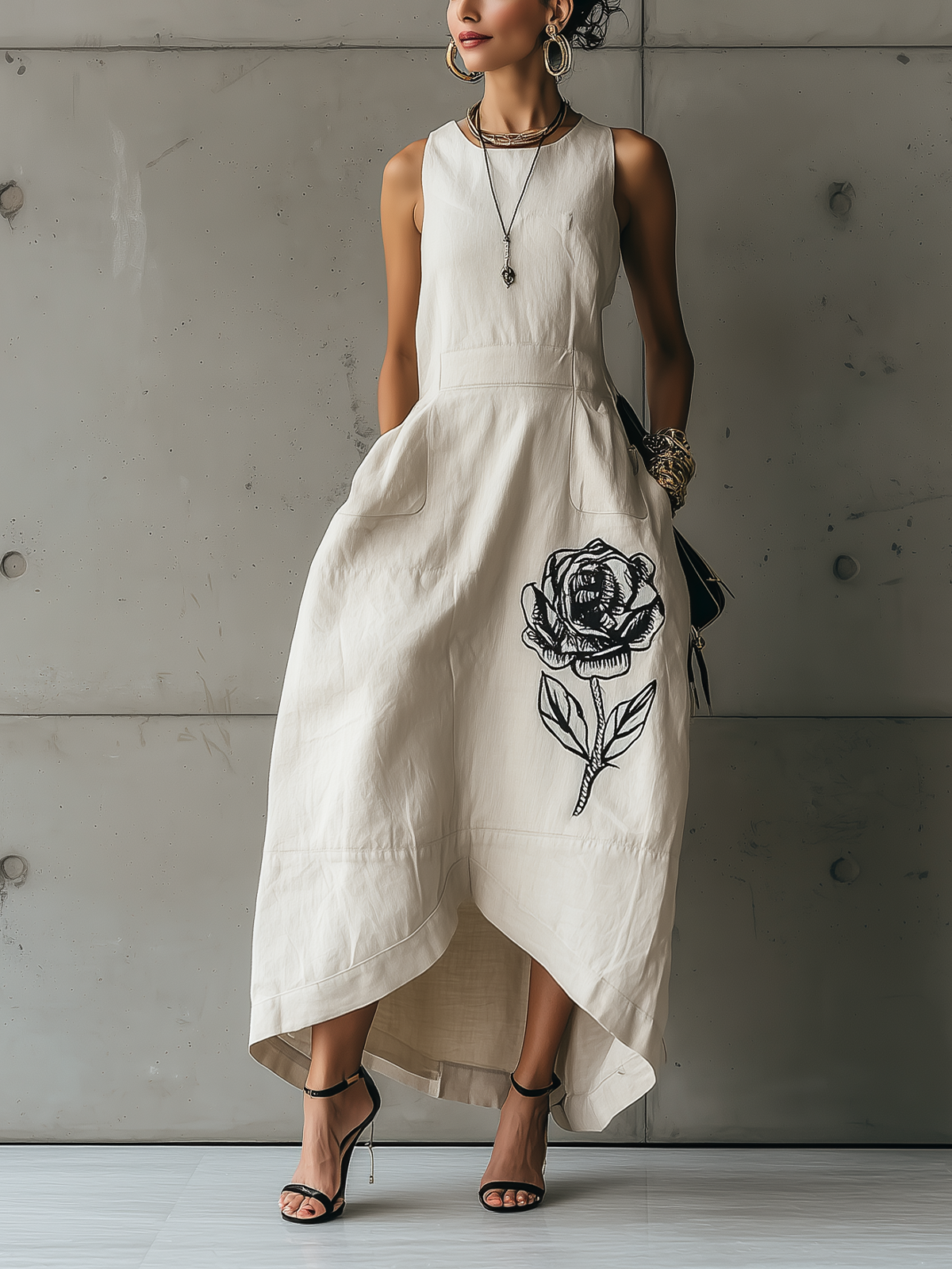 White Floral Embroidered High-Neck Batwing Maxi Dress