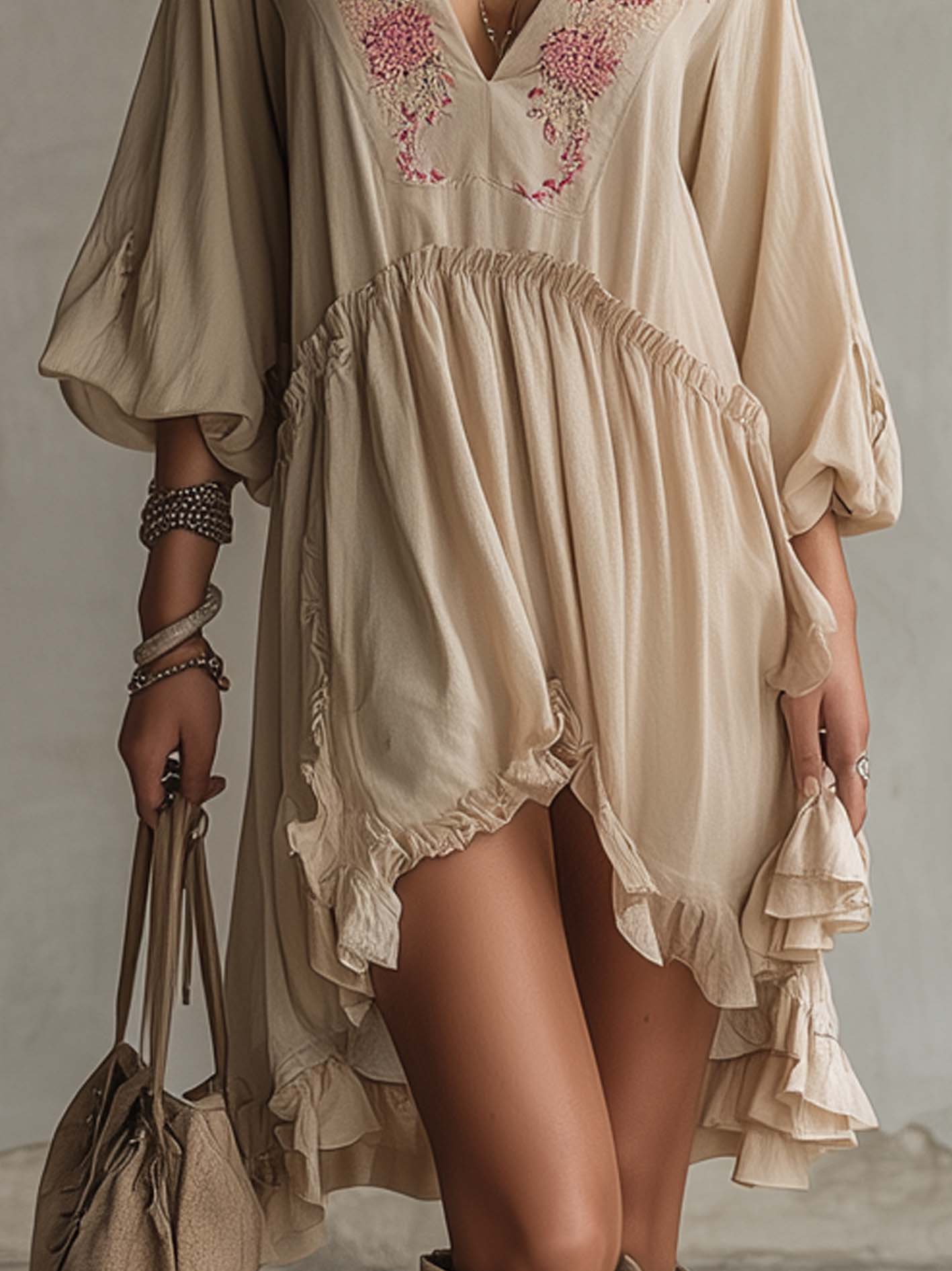 Vintage Beige Embroidered Cotton Linen Mini Dress With Asymmetrical Ruffle Hem