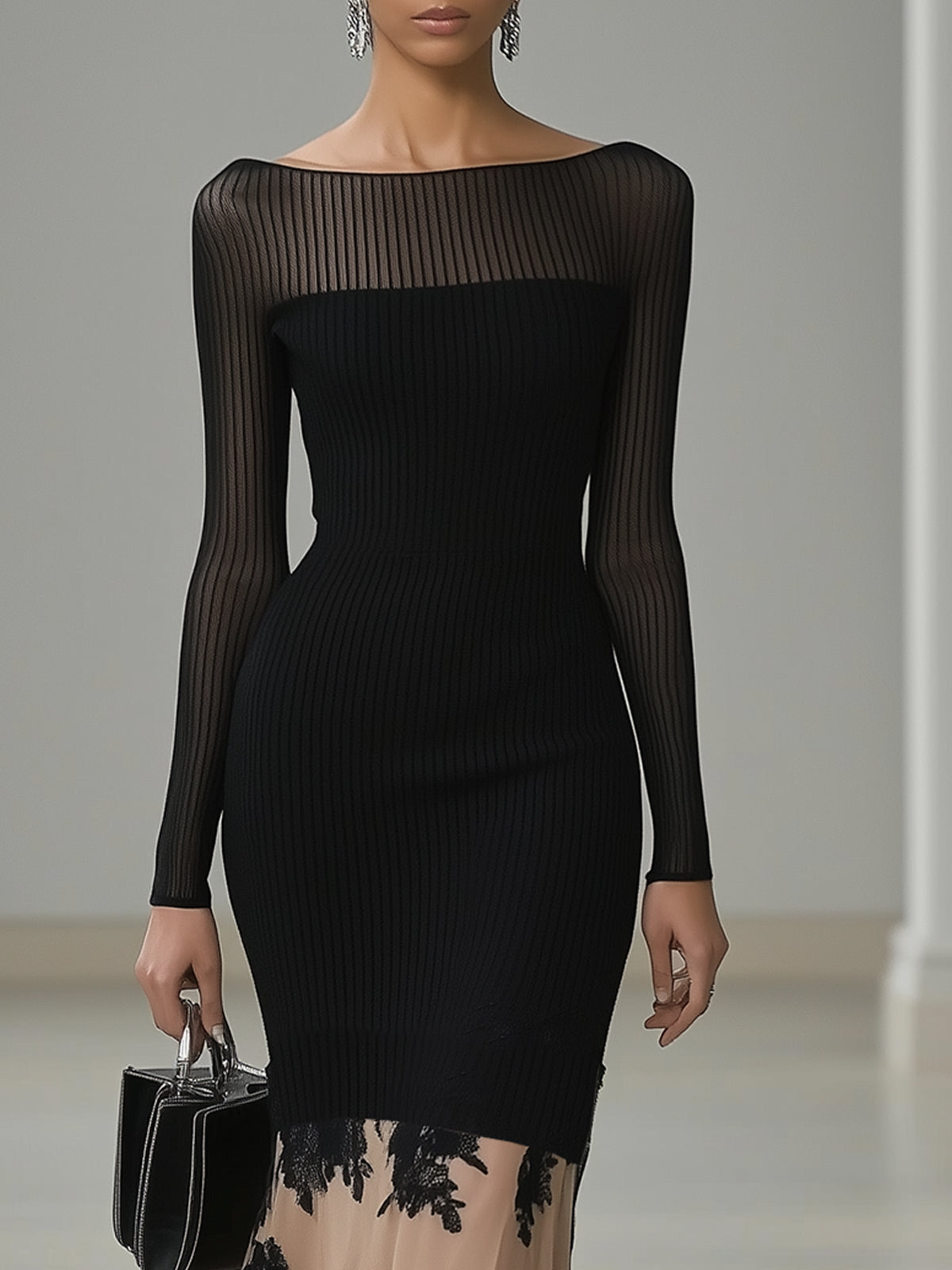 Black Ribbed Knit Dress With Sheer Floral Chiffon Hem