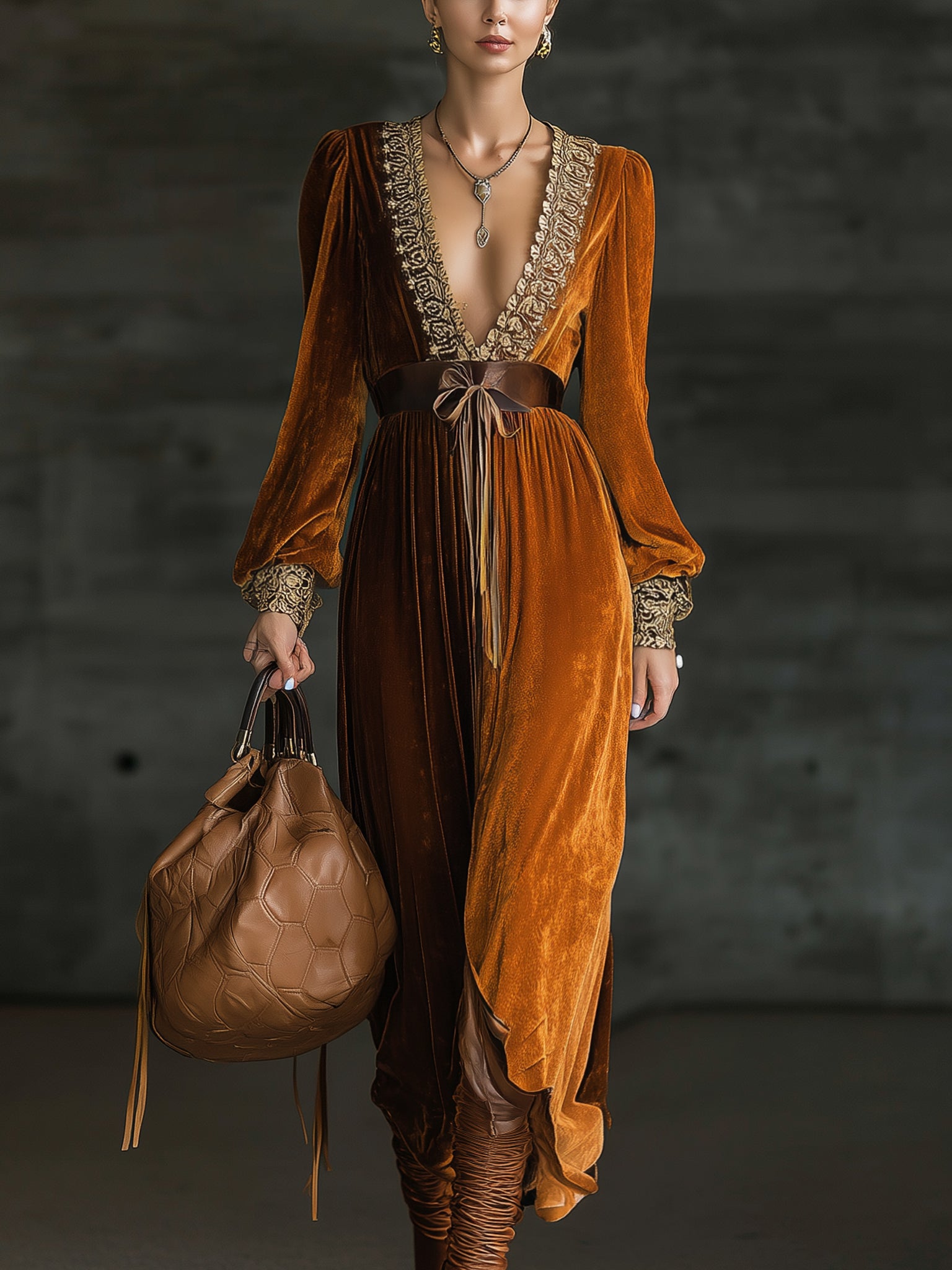 Burnt Orange Vintage Velvet Deep V-Neck Maxi Dress