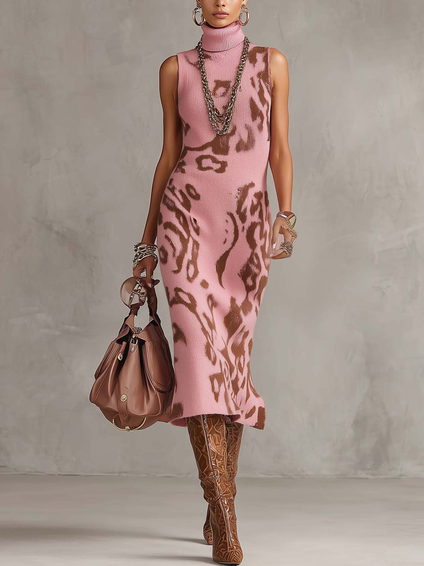 Pink Sleeveless Turtleneck Bodycon Knit Dress With Leopard Print
