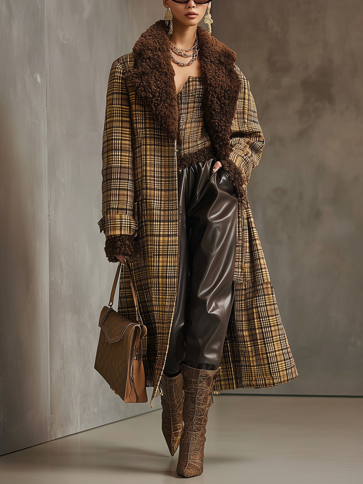 Yellow Check Wool Blend Coat With Faux Shearling Collar