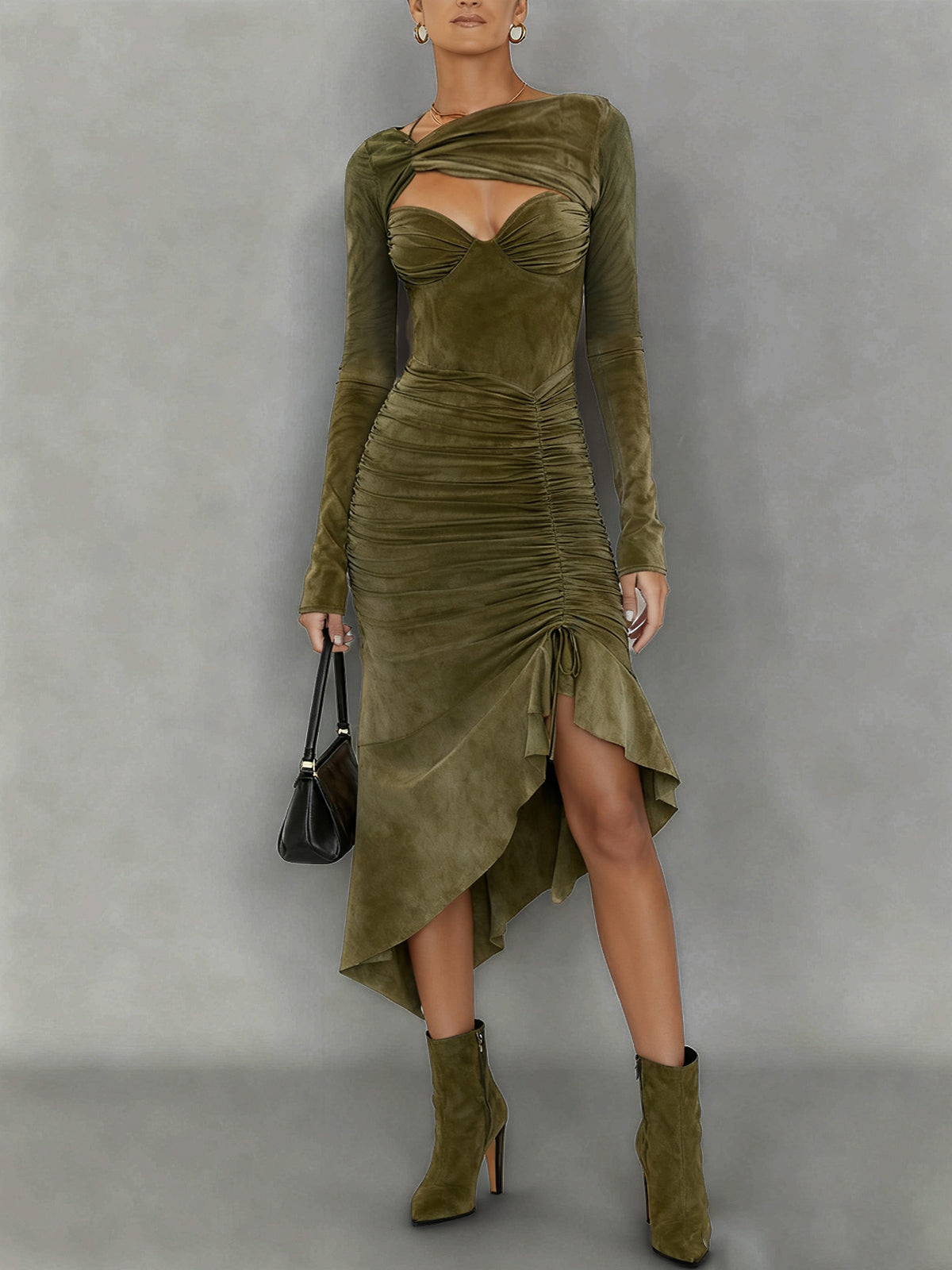 Olive Ruched Faux Suede Asymmetric Dress