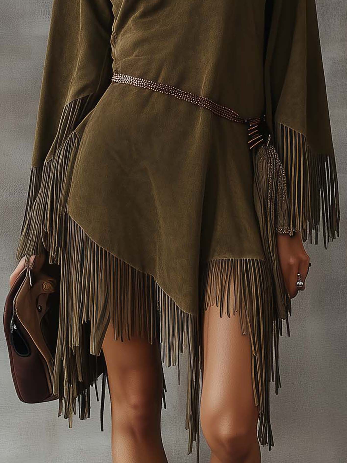 Olive Green Faux Suede Mini Dress With Irregular Tassels