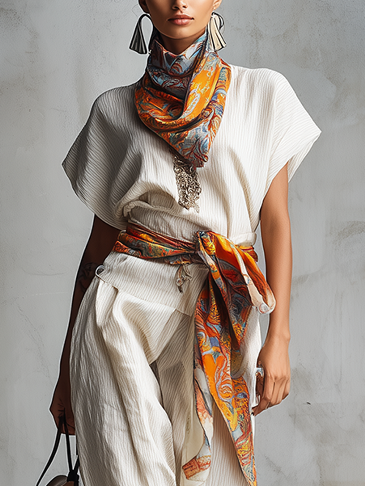 Ivory Textured Drape Top And Tapered Pants Set With Printed Silk Accents