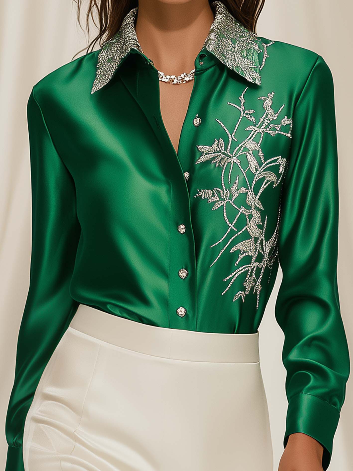 Green Satin Blouse With Luxurious Silver Botanical Embroidery