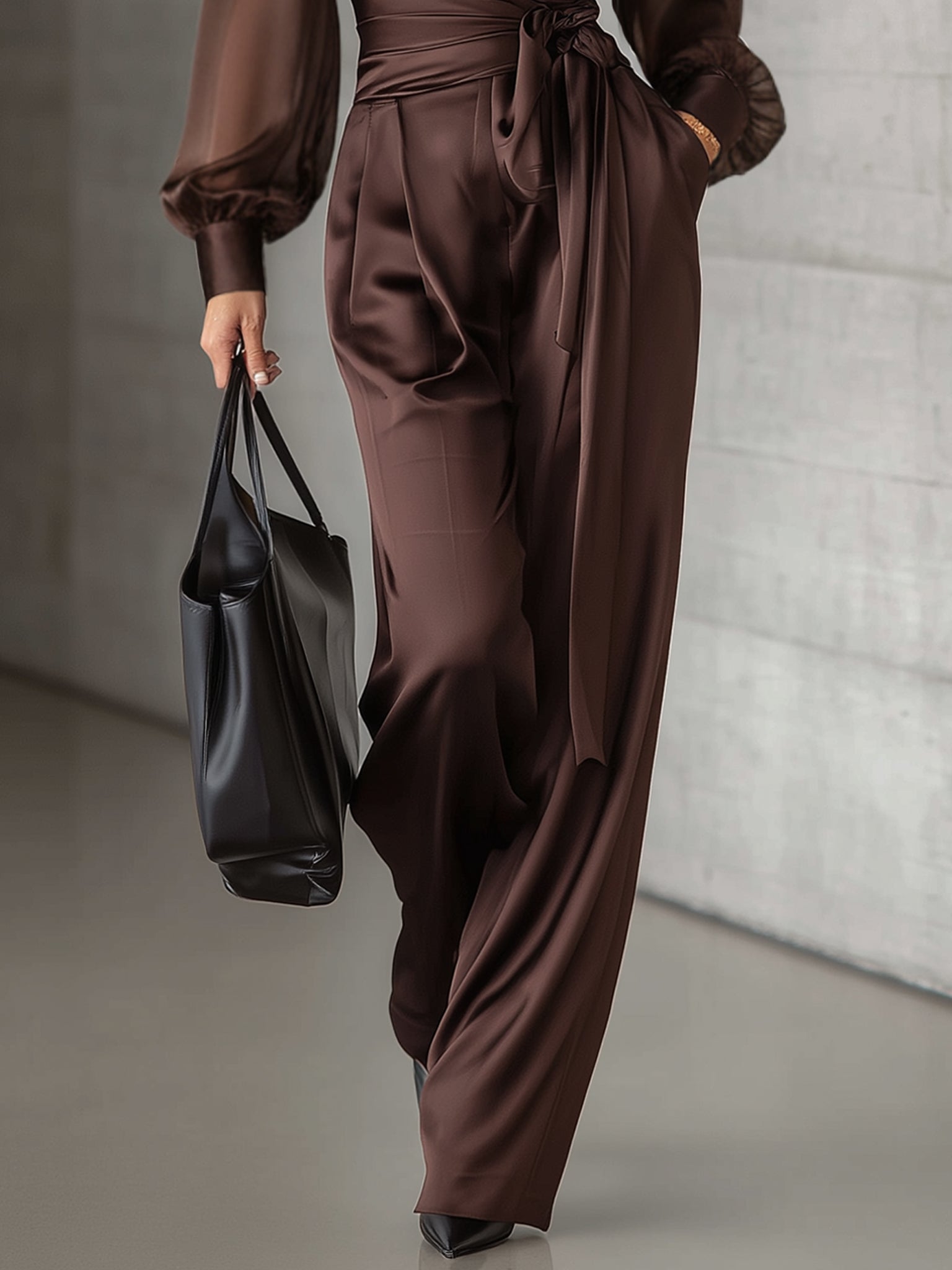 Chocolate Satin Blouse And Wide Leg Pants Set