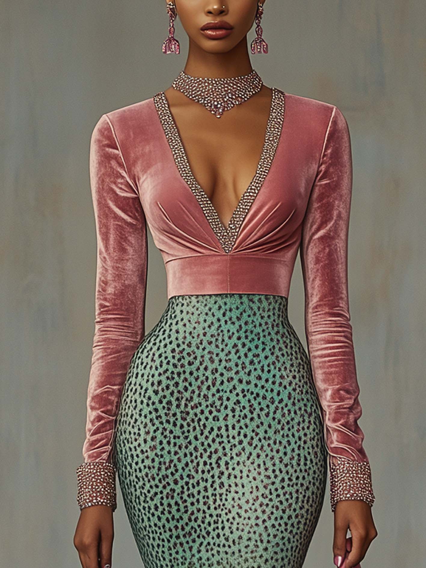 Pink Velvet Midi Bodycon Dress With Green Leopard Print And Ribbon