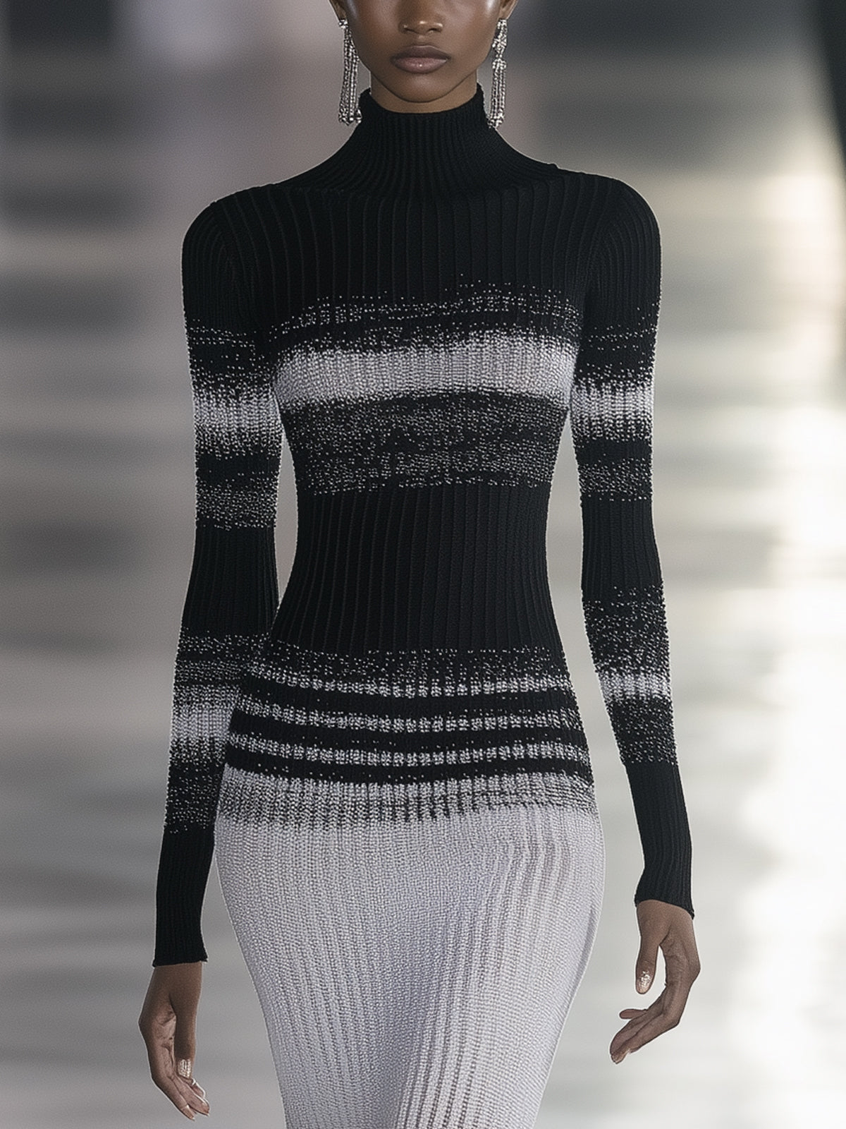 Black And White Ribbed Gradient Effect Metallic Turtleneck Long Sleeve Maxi Dress