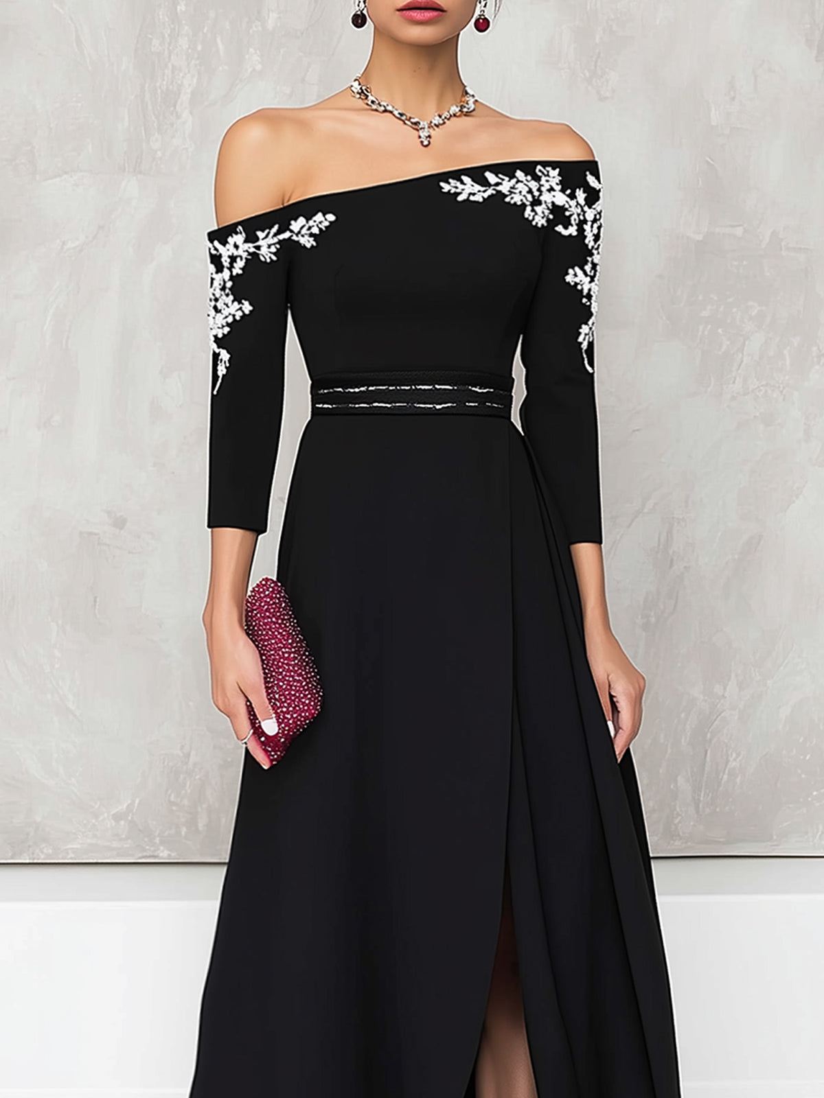 Black Floral Embroidered Off Shoulder Maxi Dress