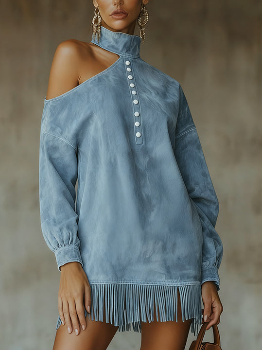 Blue Off-Shoulder Faux Suede Tunic With High Neck And Fringe Hem