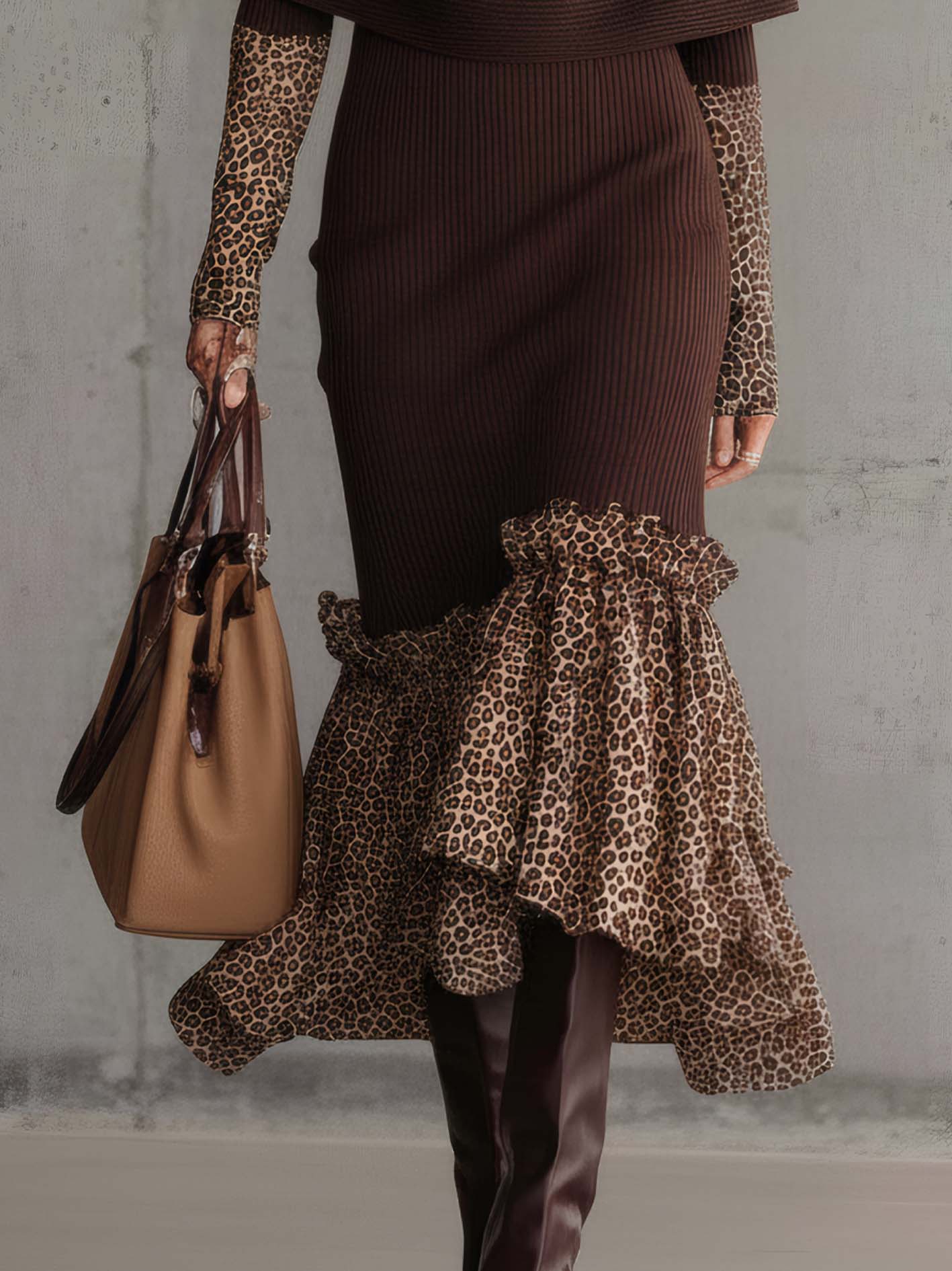 Chocolate Cape Bodycon Dress With Leopard Print