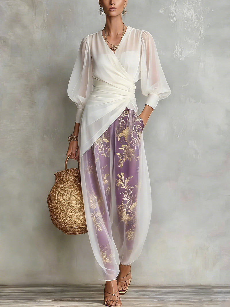 White Chiffon Wrap Shirt And Sheer Print Harem Pants Set