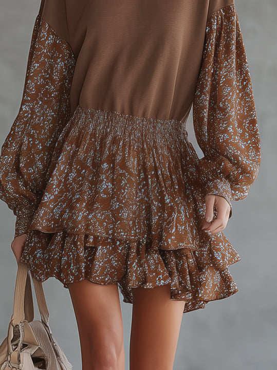 Brown Floral Print Ruffled Mini Dress With Smocked Waist And Balloon Sleeves