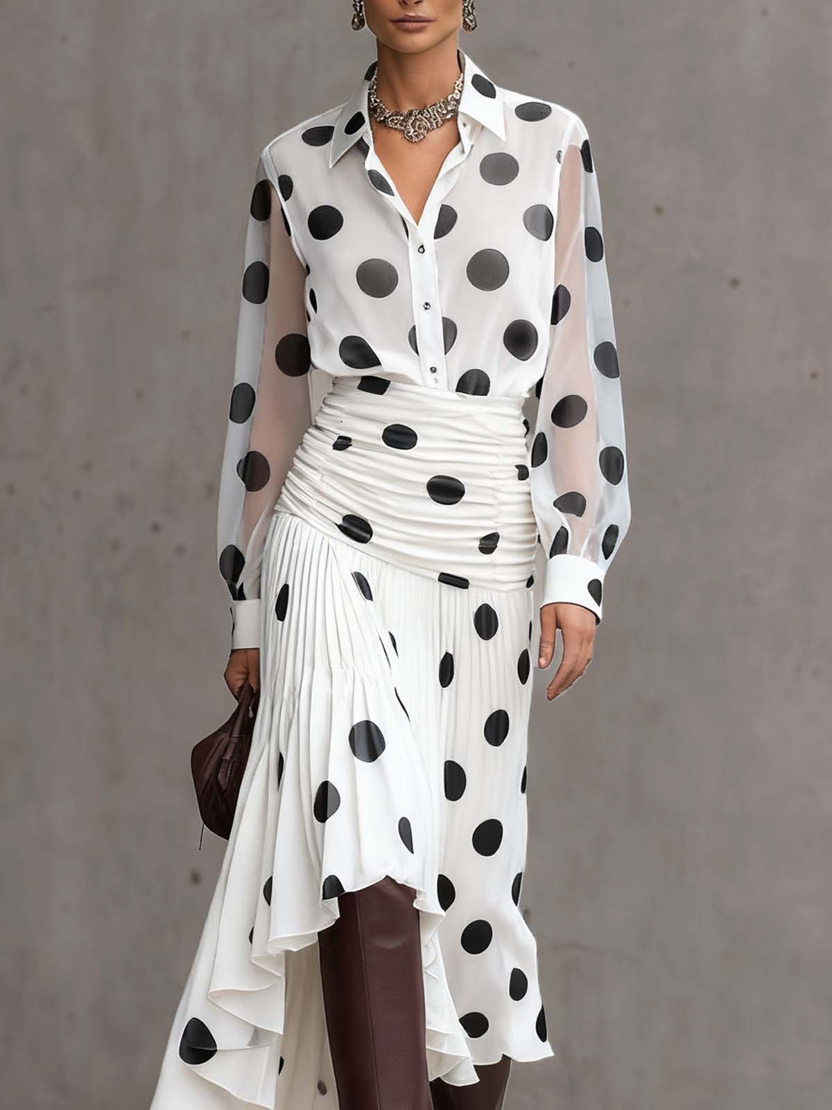 White Satin Polka Dot Pleated Sheer Sleeve Dress Set