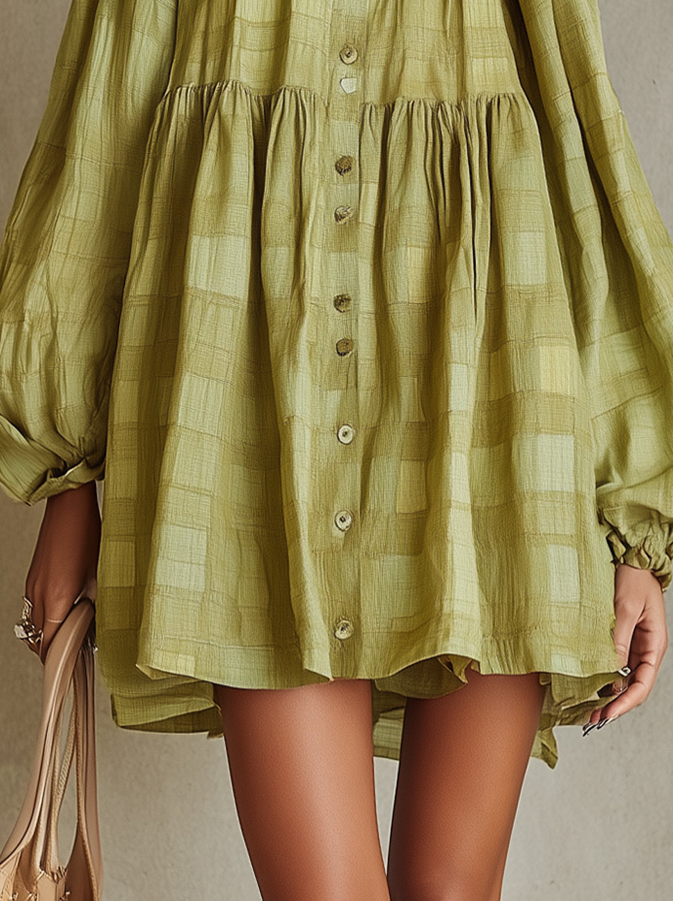 Green Puff-Sleeve Button-Down Mini Dress
