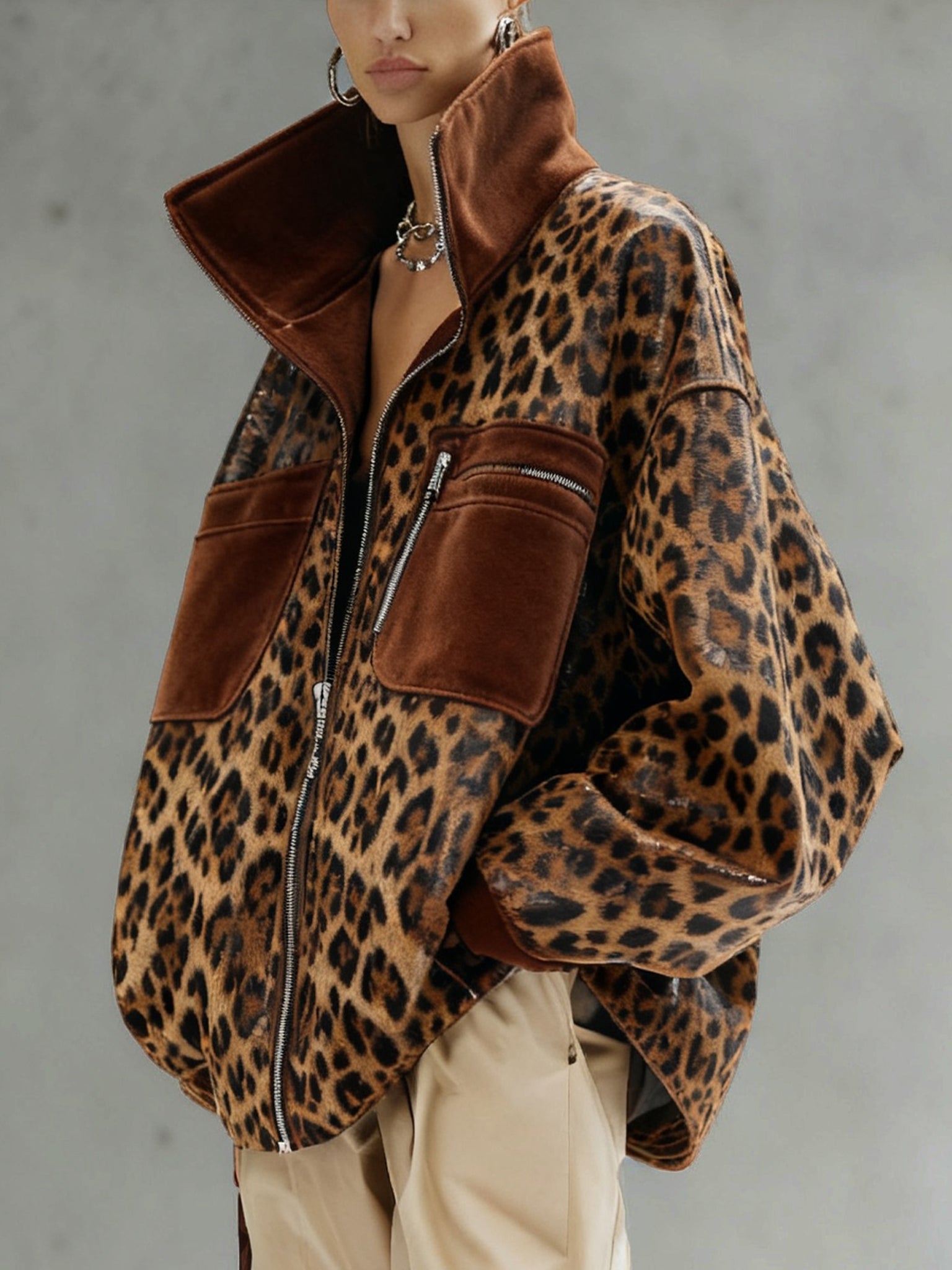 Brown Faux Suede Leopard Oversized Zip Jacket