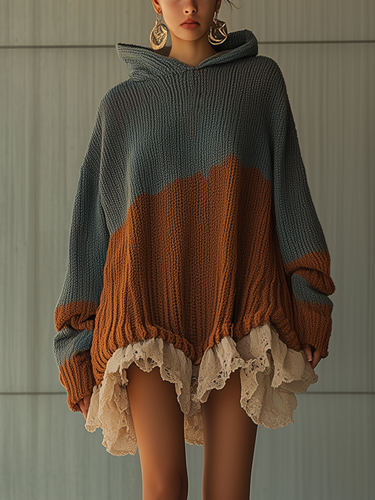Two Tone Knit Lace Trim Hoodie Dress