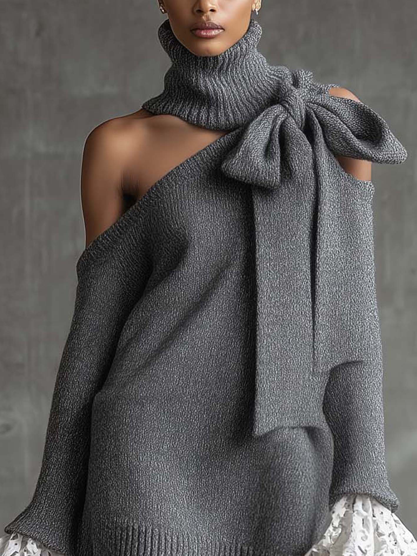Gray Cold Shoulder Knit Mini Dress With Lace Patchwork And Bow Detail