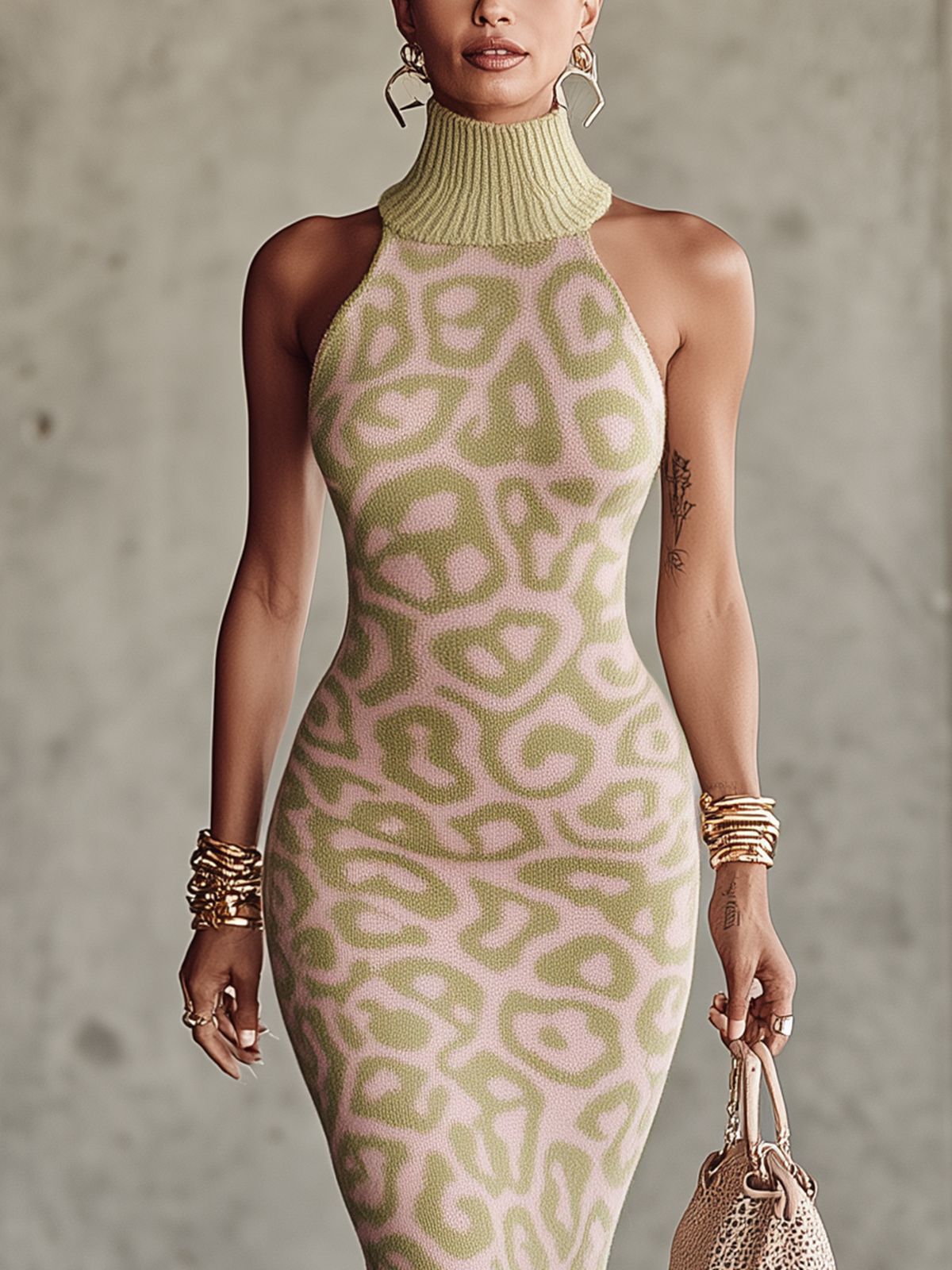 Green Abstract Leopard Knit Halter Midi Dress