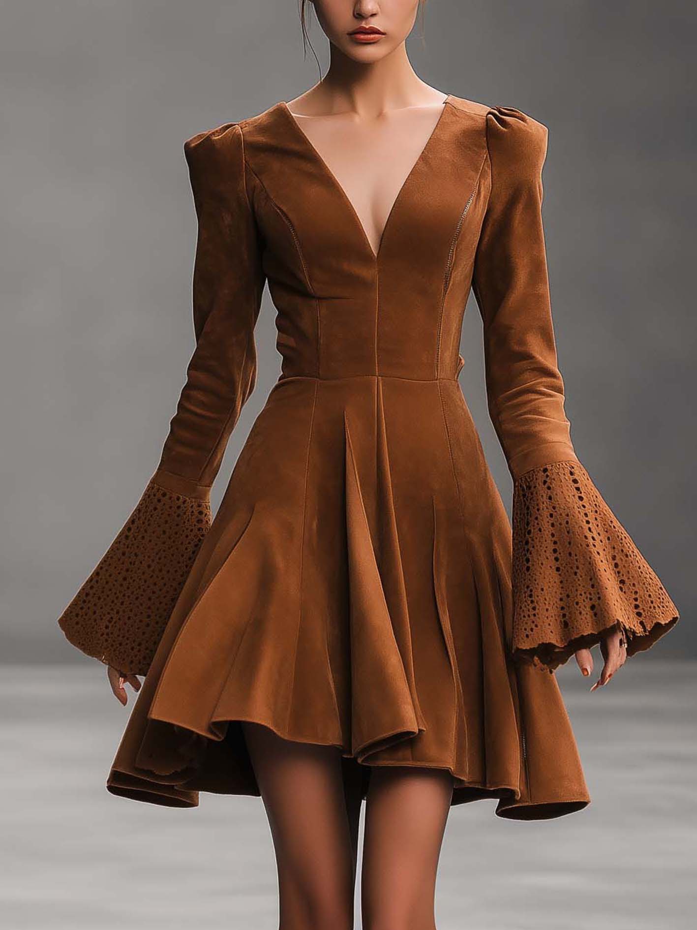 Brown Faux Suede Mini Dress With Lace Sleeves