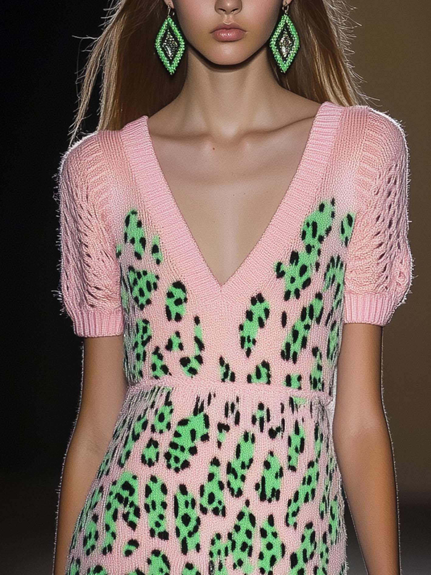 Pink Knitted Mini Dress With Green Leopard Print