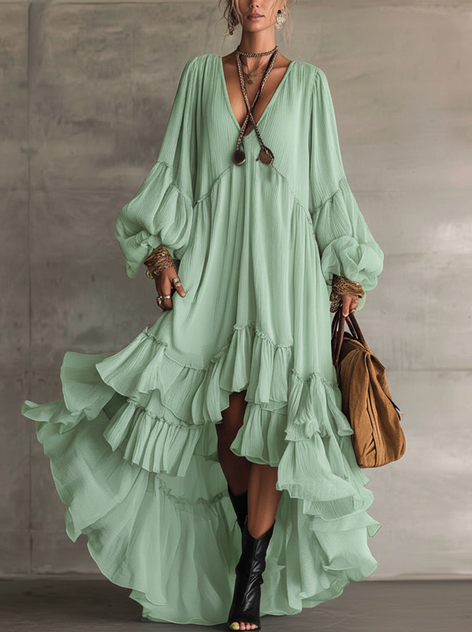 Green Boho Ruffled High-Low Maxi Dress With Balloon Sleeves