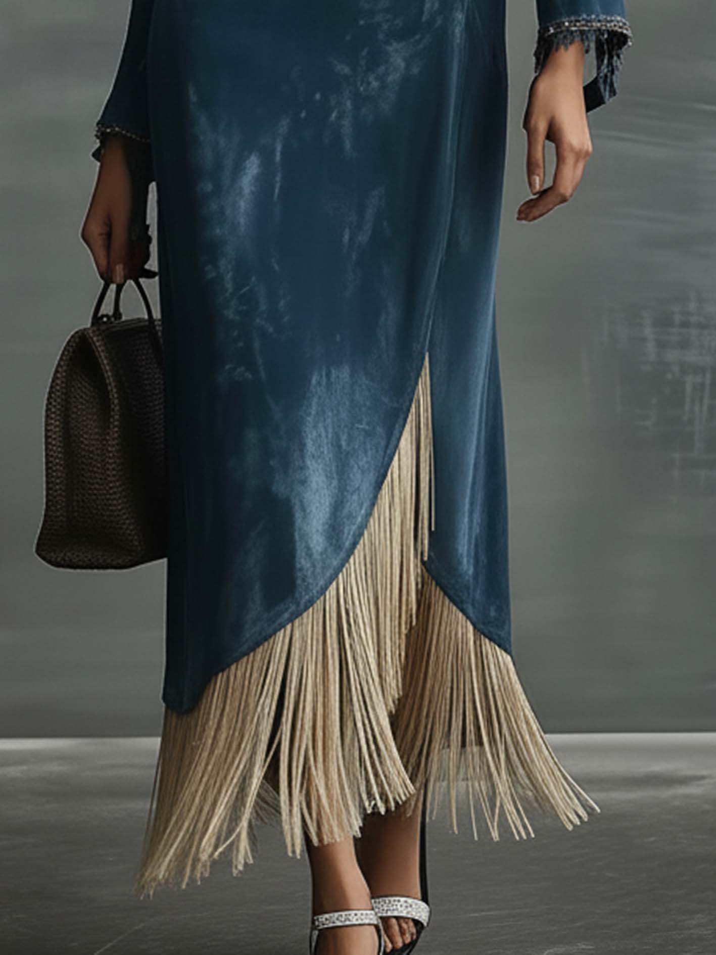 Retro Blue Faux Suede Maxi Dress With Side Slits And Tassels