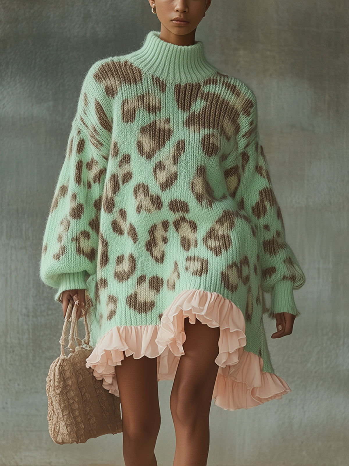 Green Leopard Print Sweater Dress With Pink Chiffon Ruffles