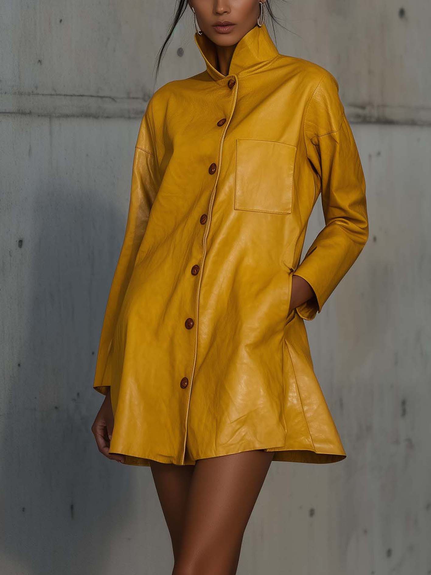 Yellow Faux Leather Mini Dress With Buttons