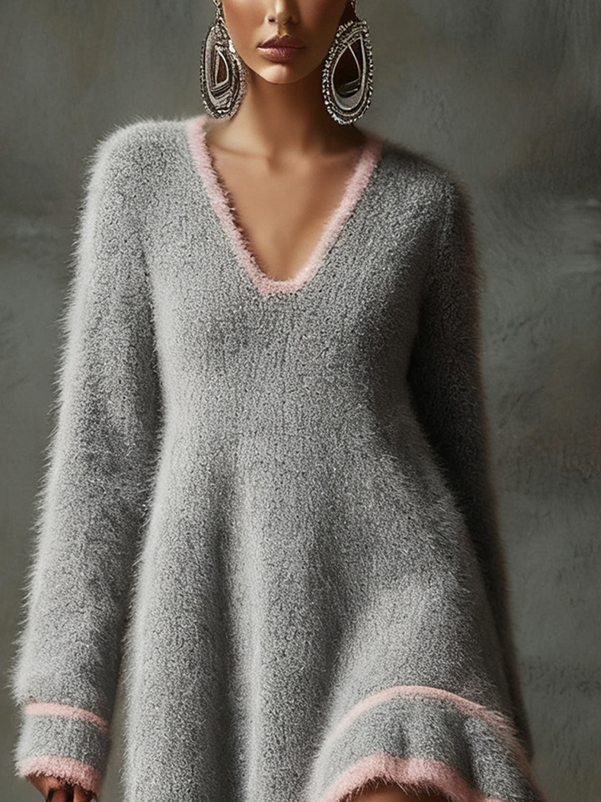 Gray Fuzzy A-Line Dress With Pink Trim And V-Neckline