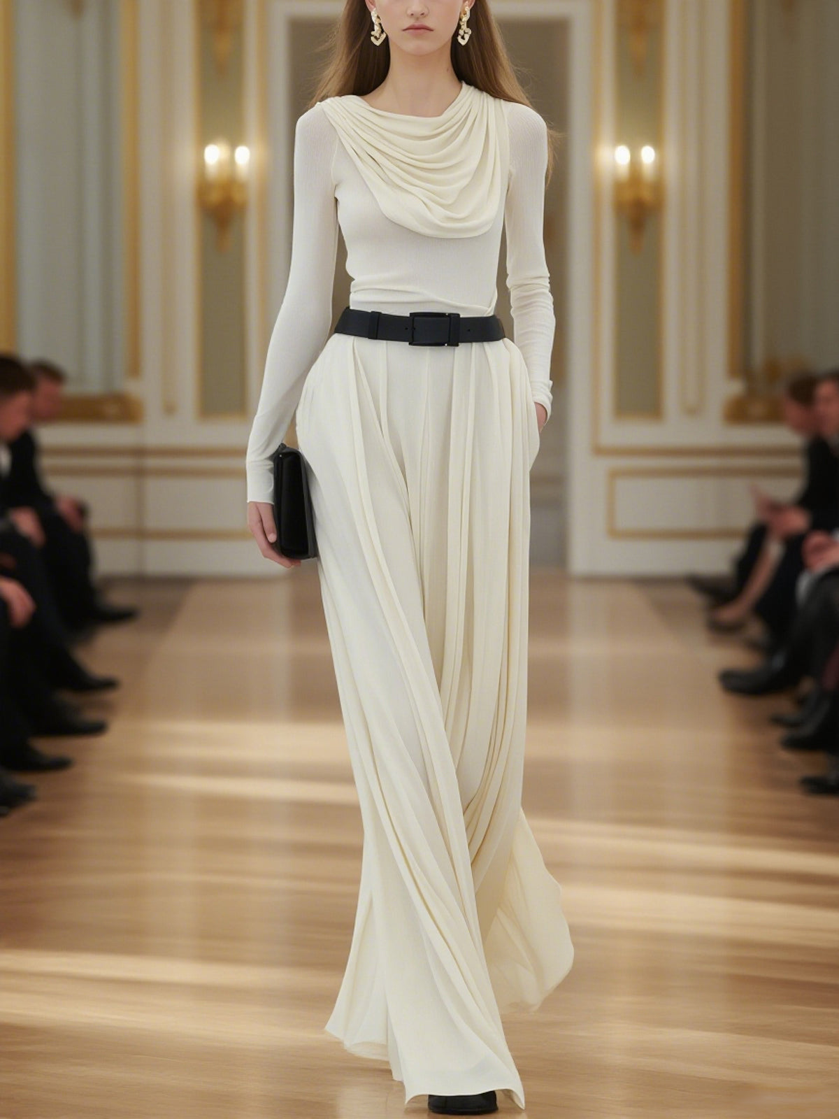 Ivory Chiffon Draped Waist Detail Draped Neck Long Sleeve Maxi Dress