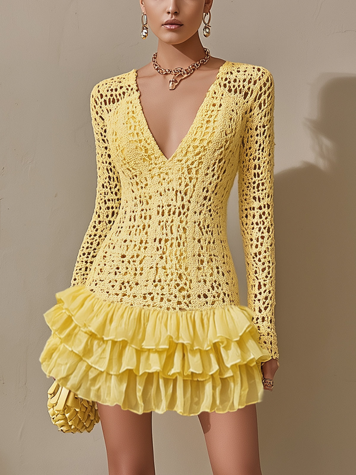 Sunshine Yellow Crochet V-Neck Ruffle Hem Mini Dress