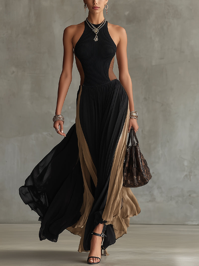Black And Brown Colorblock Halter Maxi Dress With Pleated Skirt