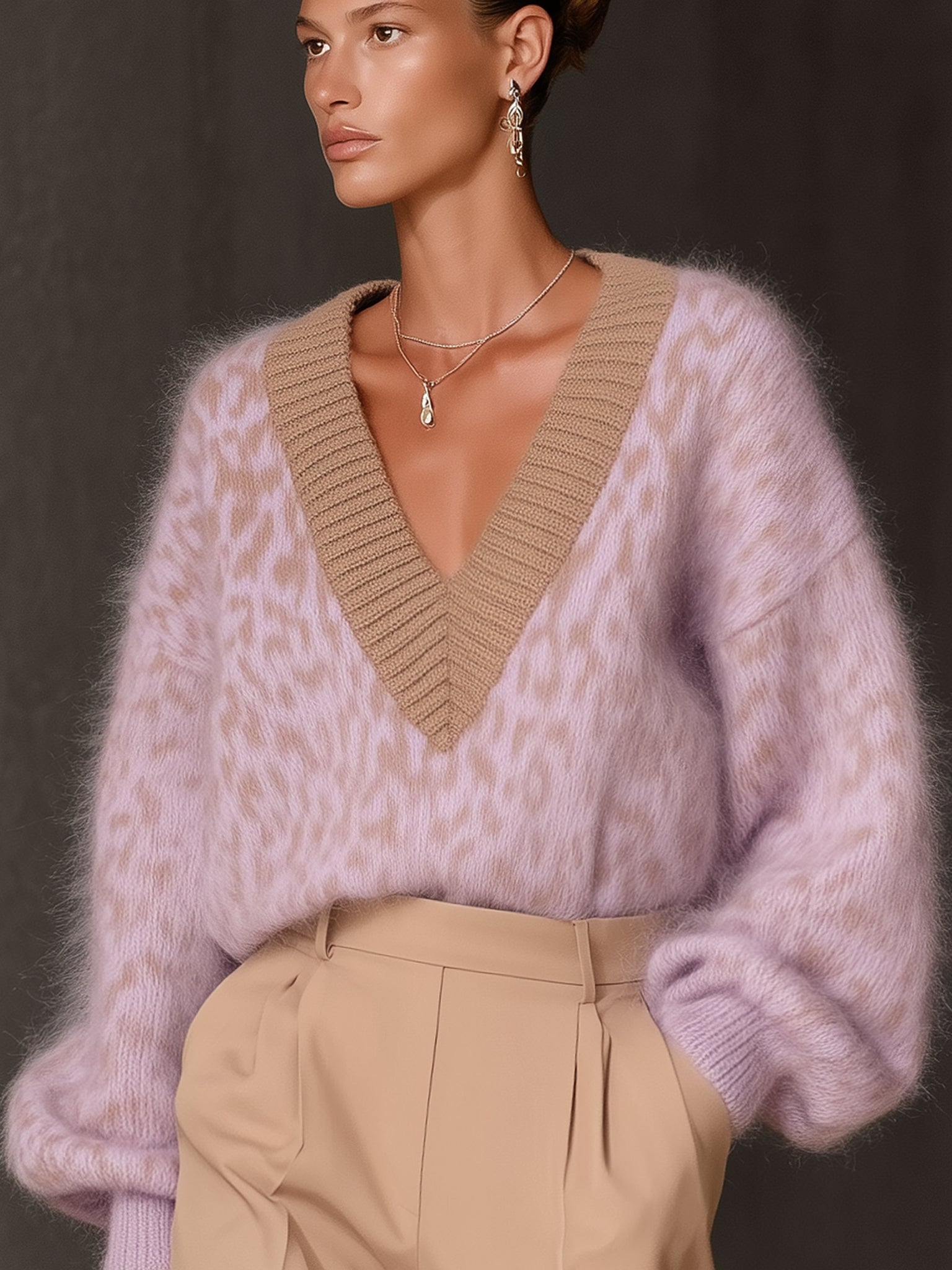 Lilac Leopard Print Mohair V-Neck Pullover
