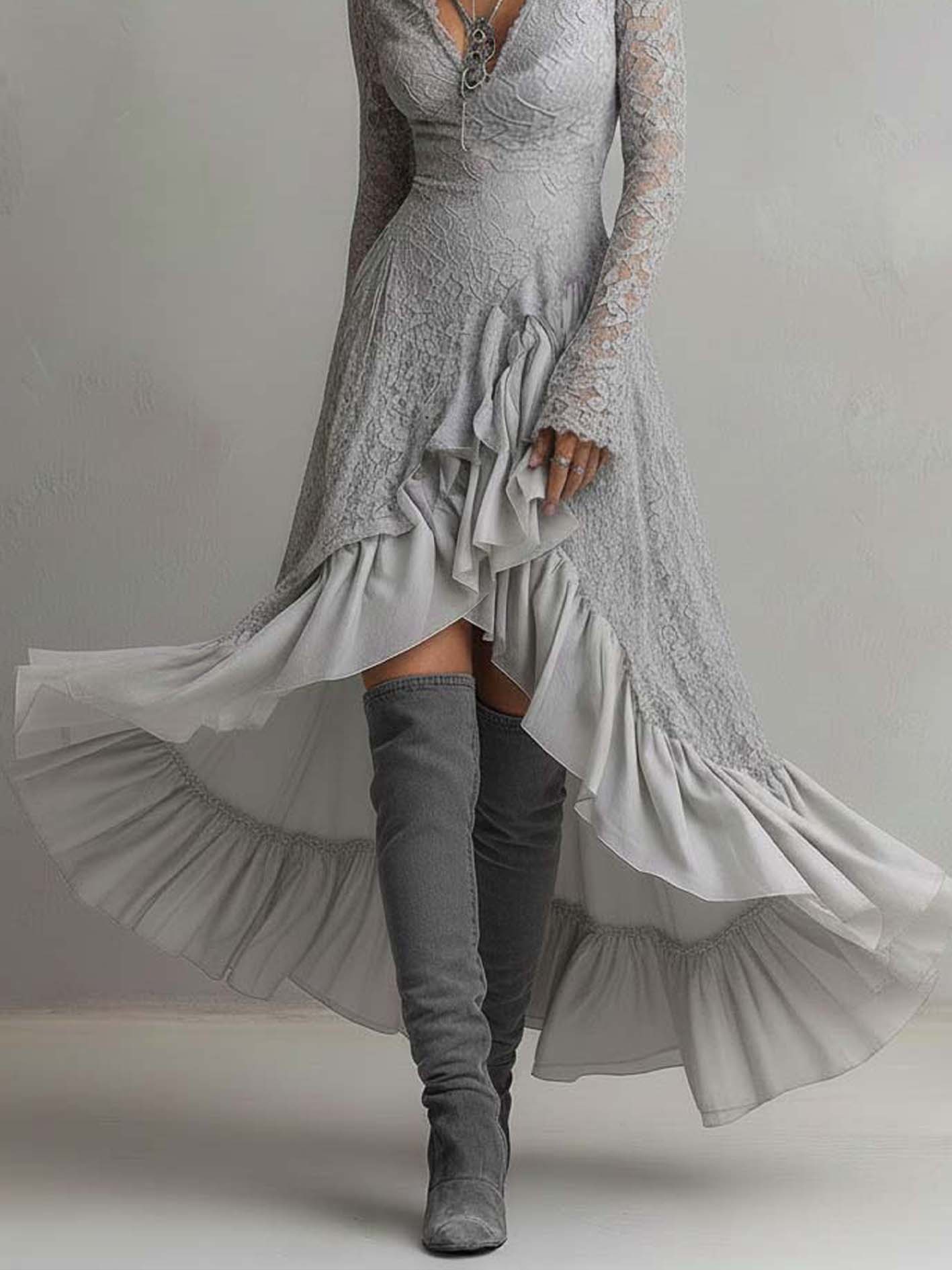 Gray Lace Ruffled Patchwork Midi Dress