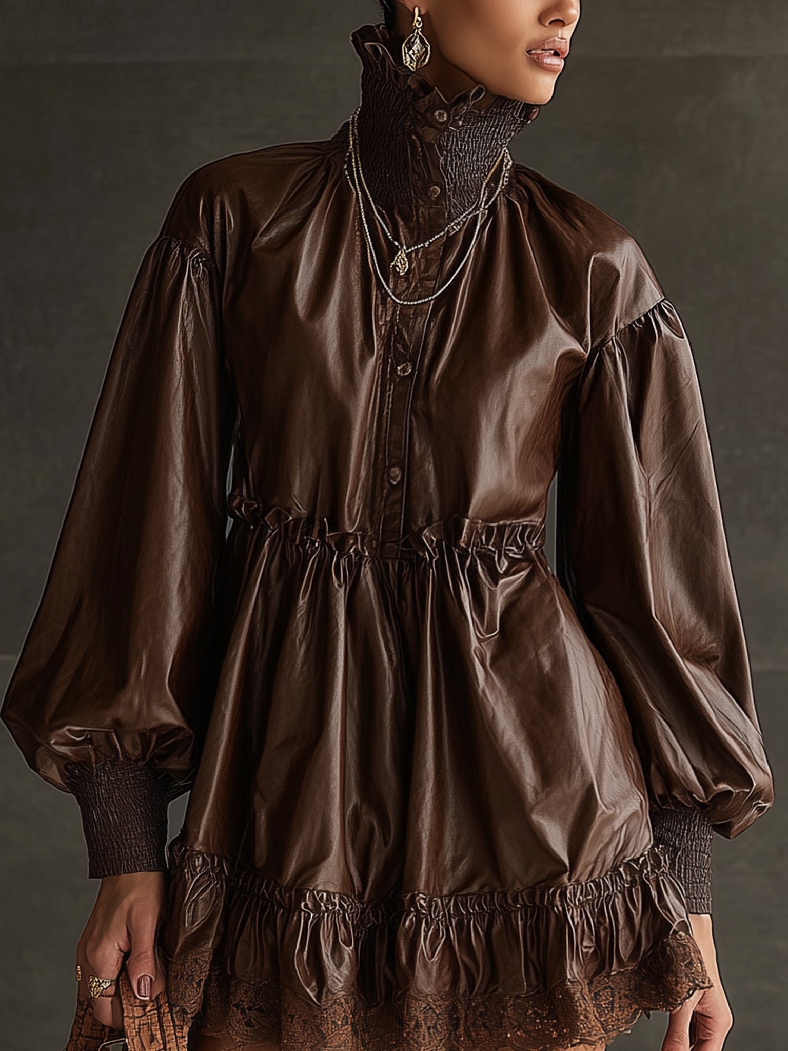 Chocolate Leather Lace Ruffle Long Sleeve Mini Dress