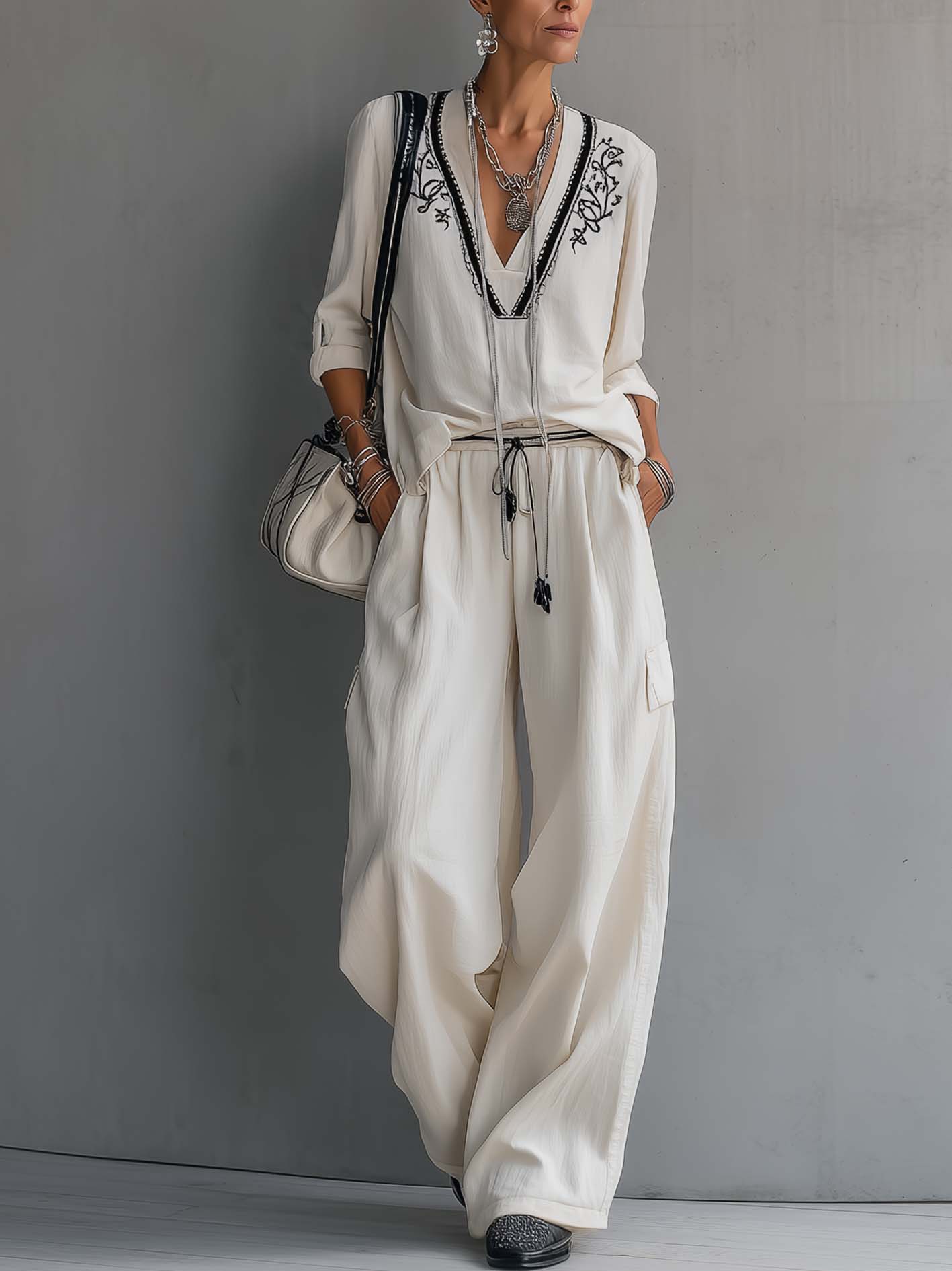 White Vintage Embroidered Linen Cotton Two-Piece Set