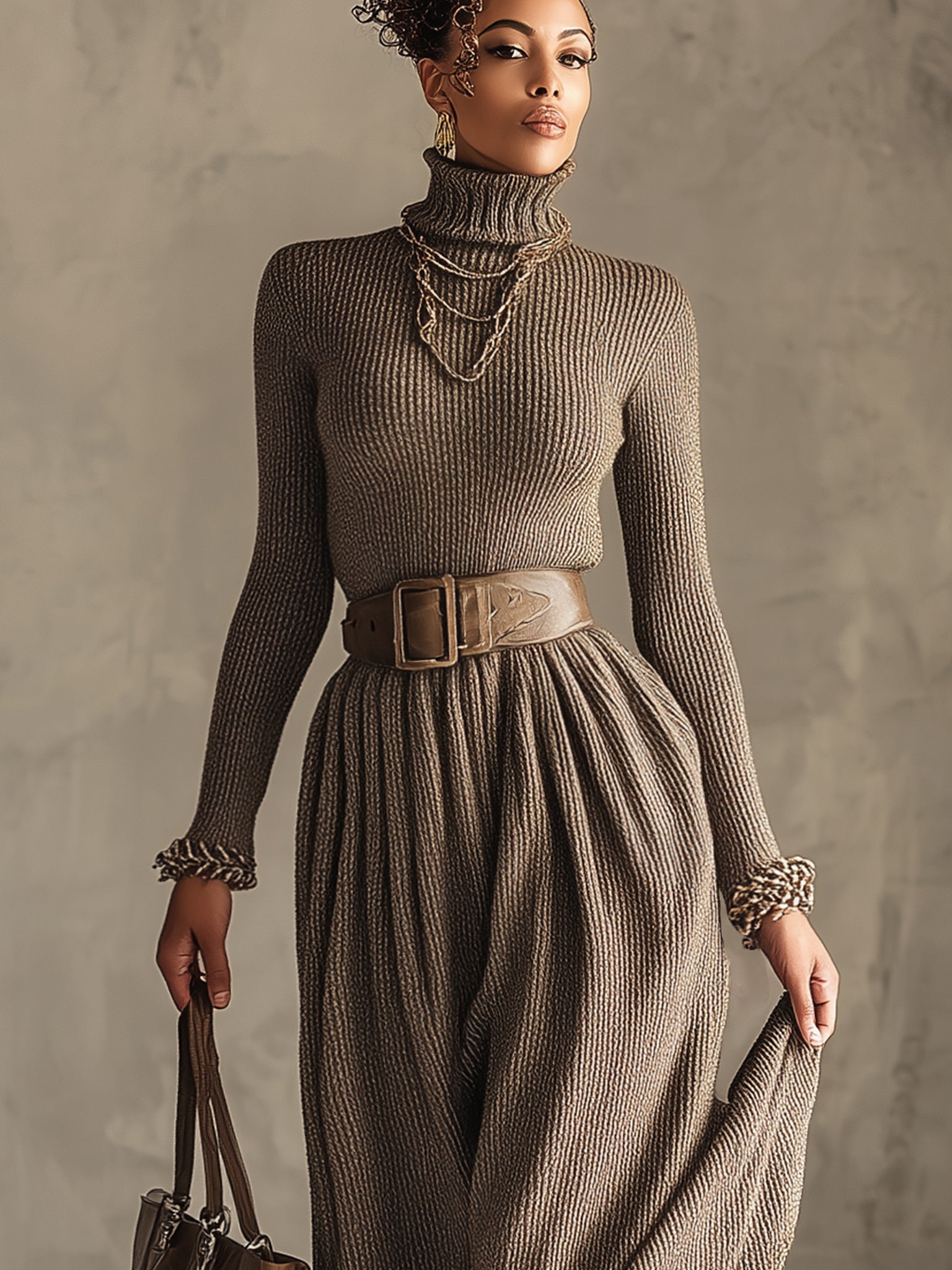 Taupe Ribbed Turtleneck Belted Long Sleeve Maxi Dress