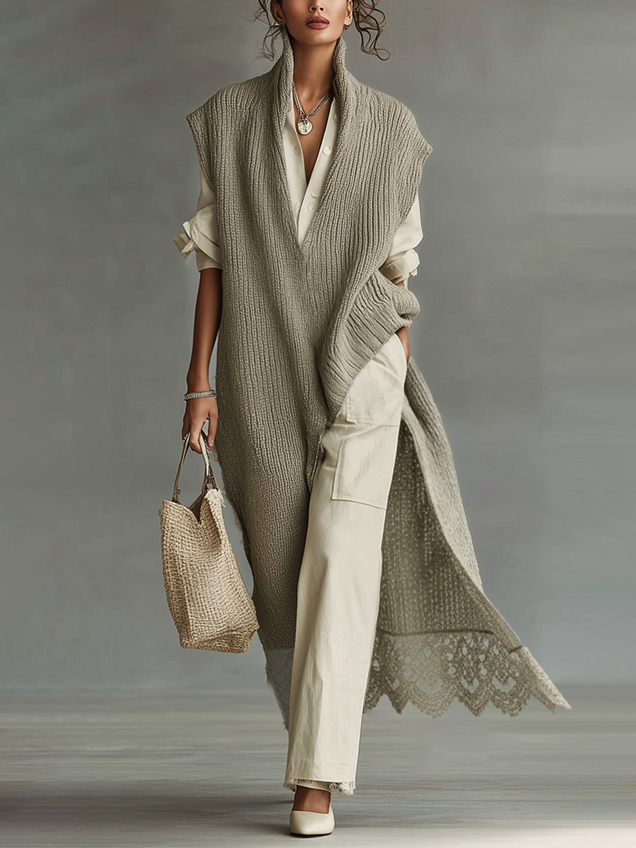 Green Loose Knit Deep V-Neck Lace Maxi Dress