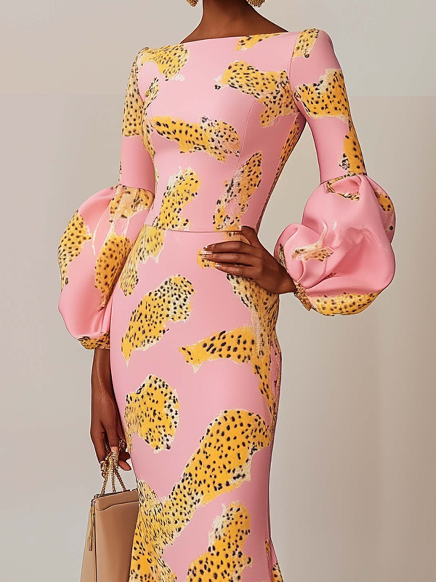 Pink Maxi Dress With Leopard Print Balloon Sleeves
