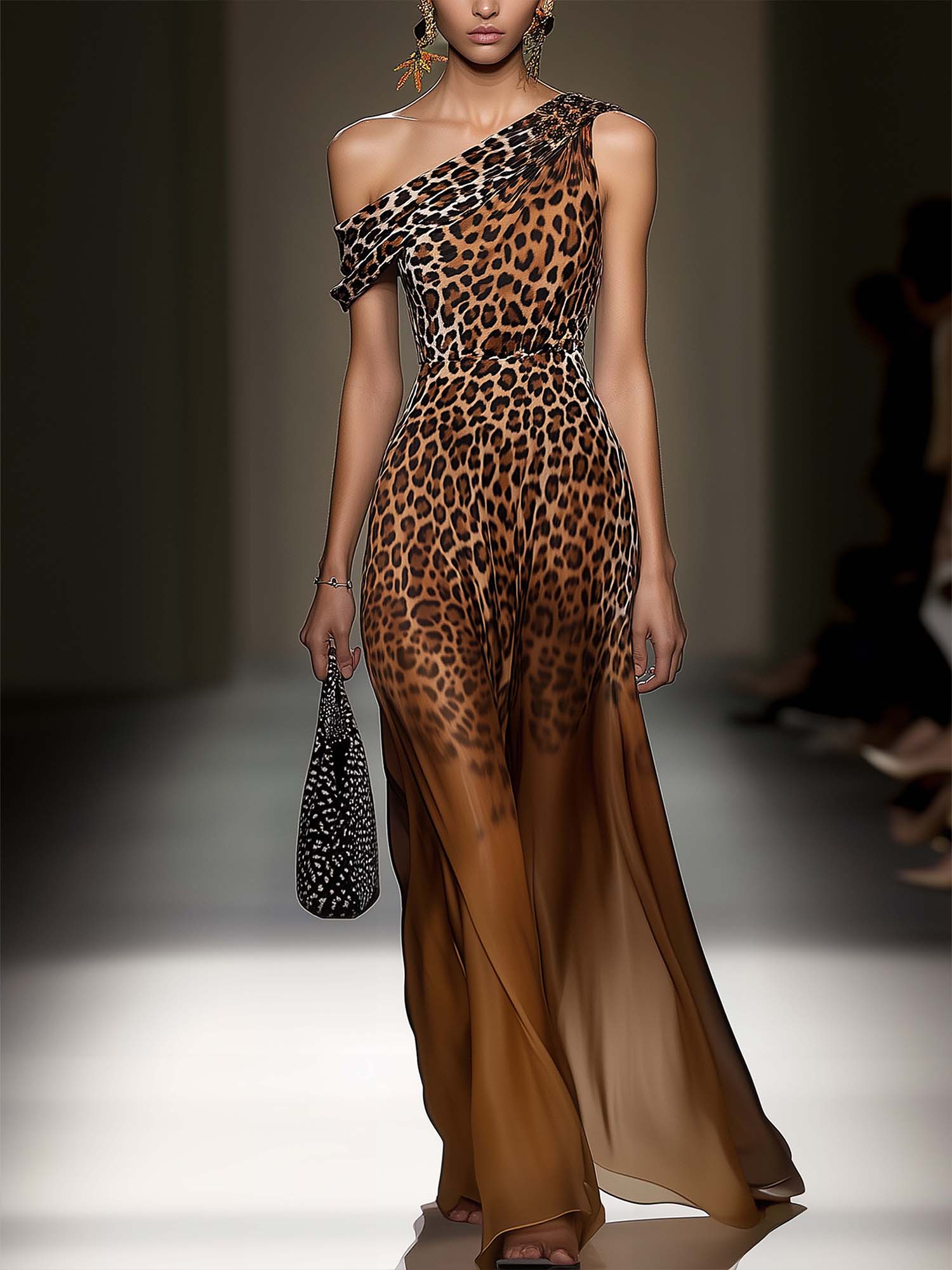 One Shoulder Maxi Dress With Brown Leopard Print