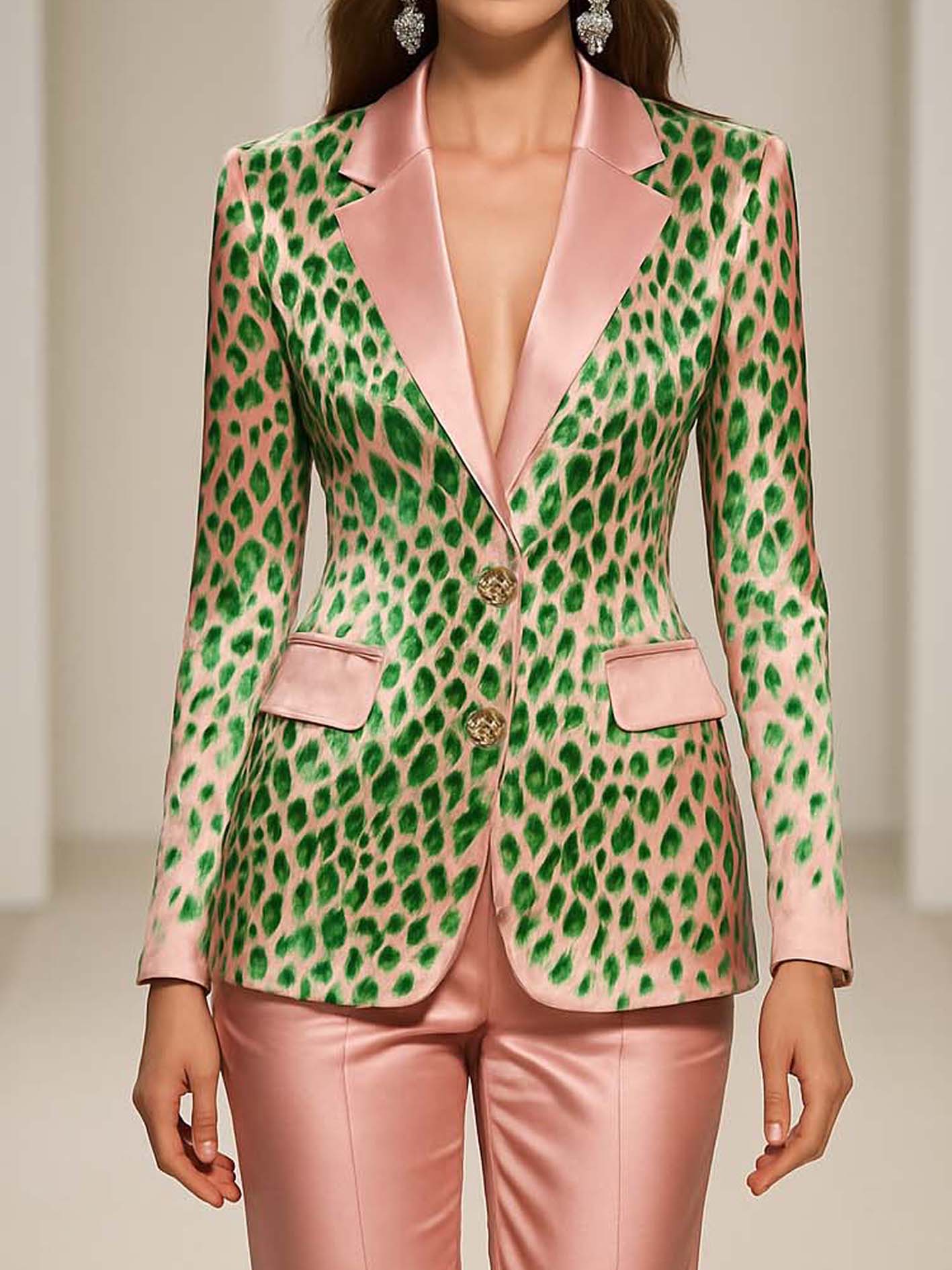 Pink Satin Blazer With Green Leopard Print