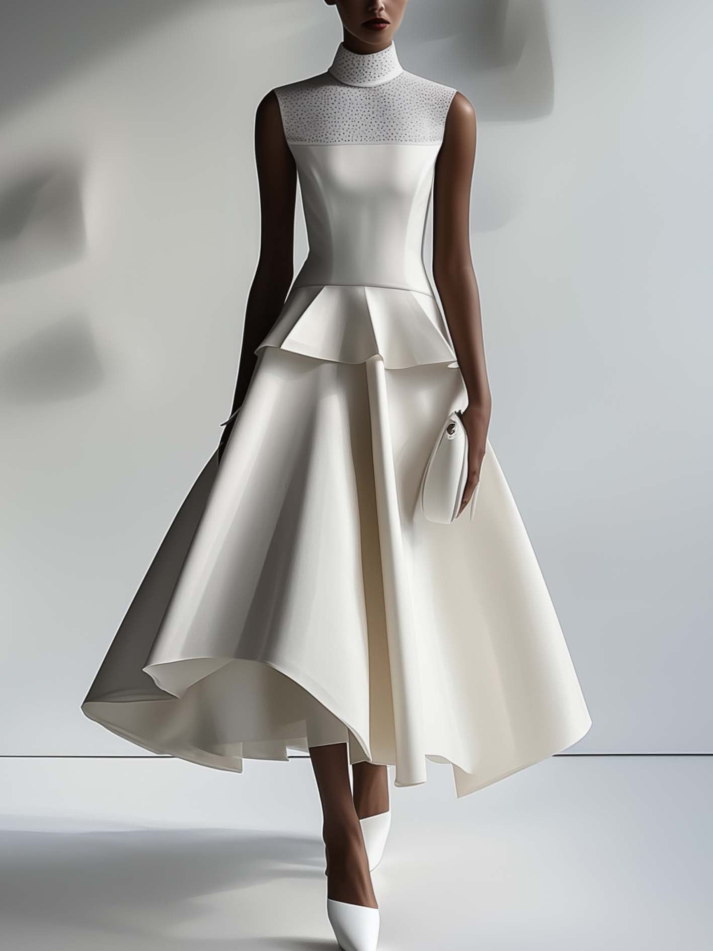 White Satin Maxi Dress With Mesh Neckline And Ruffles