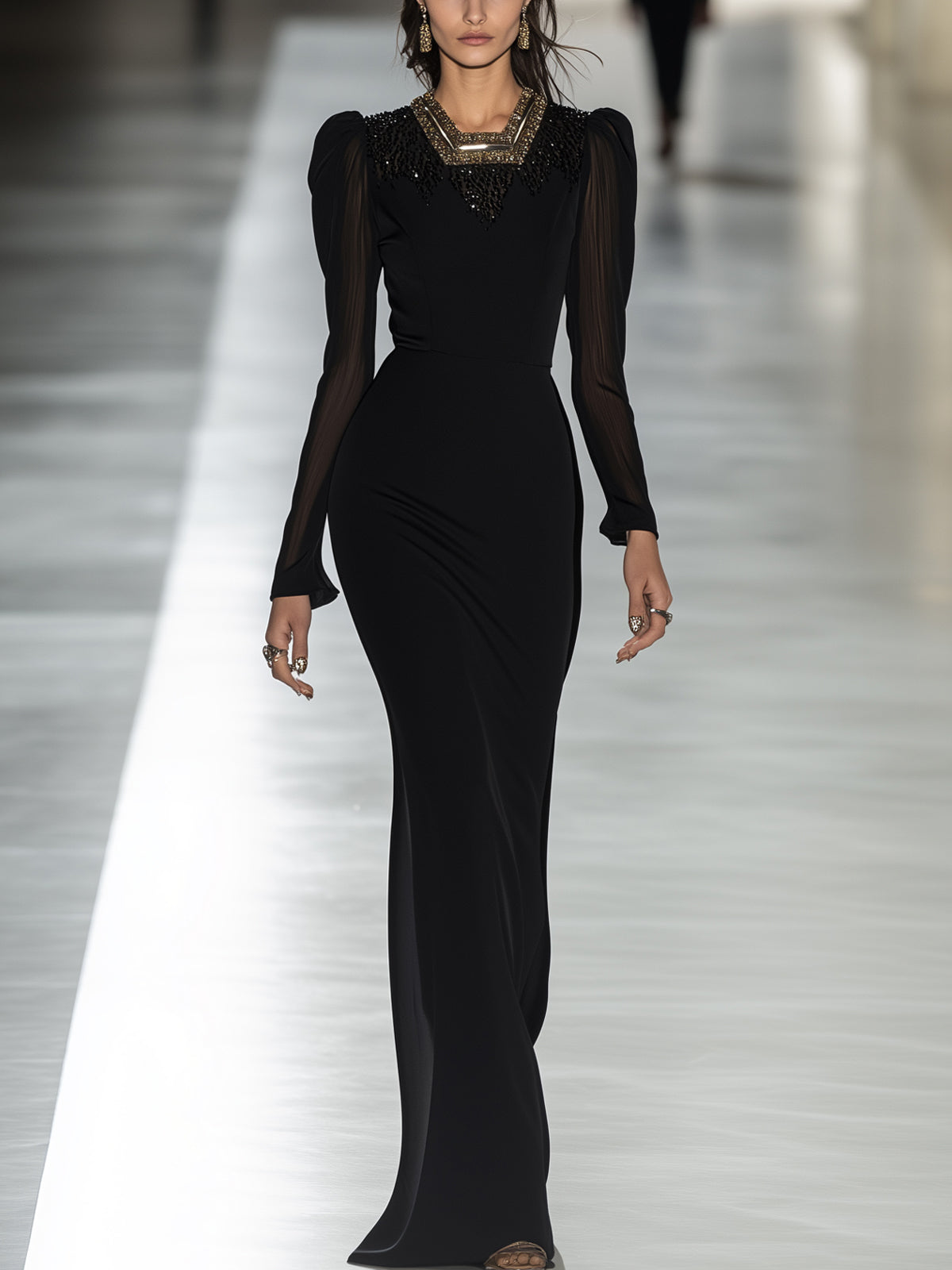 Black Woven Embellished Neckline Sheer Sleeves High Neck Maxi Dress